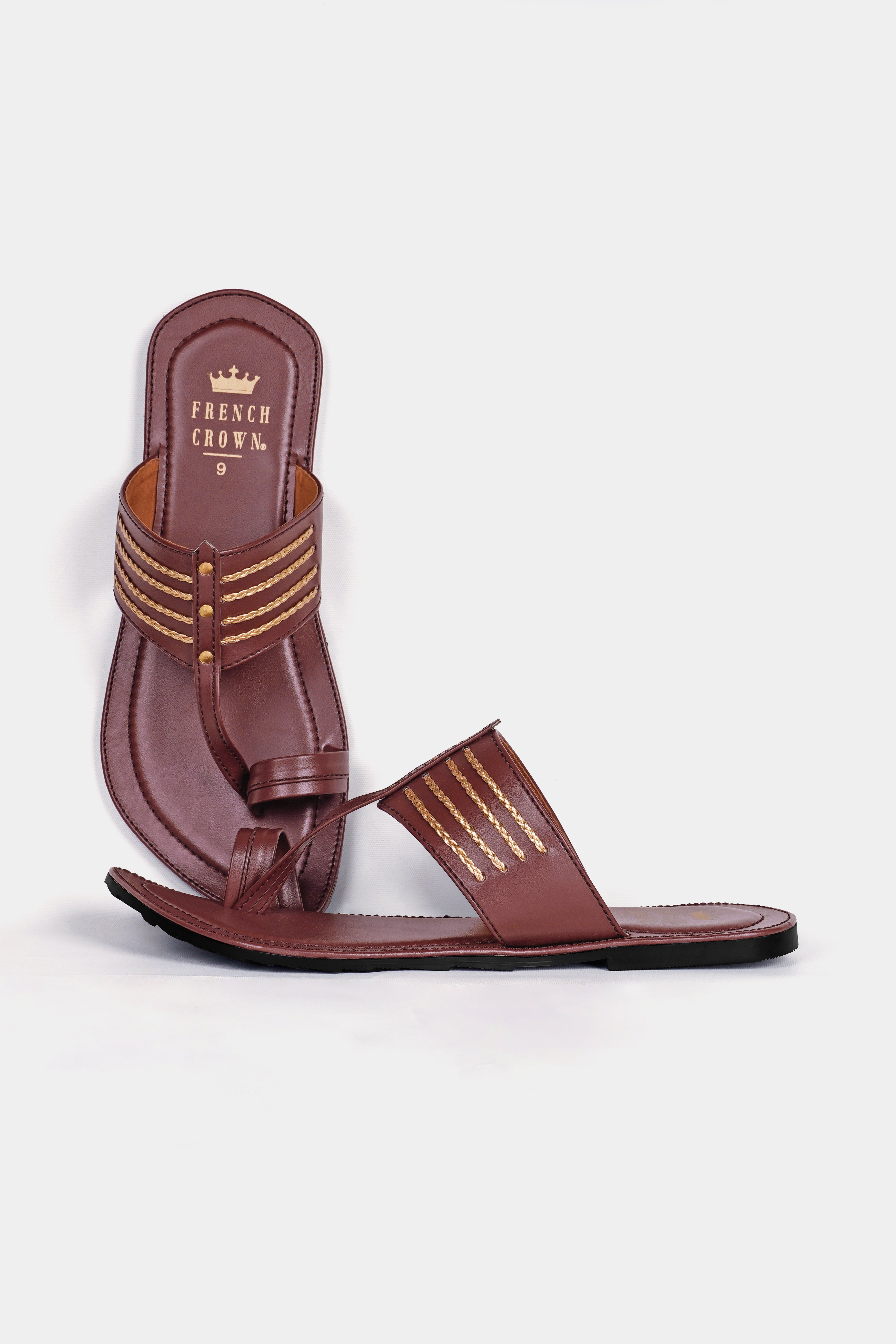 Brown with Golden Stitched Vegan Leather Kolhapuri Sandal FT153-6, FT153-7, FT153-8, FT153-9, FT153-10, FT153-11