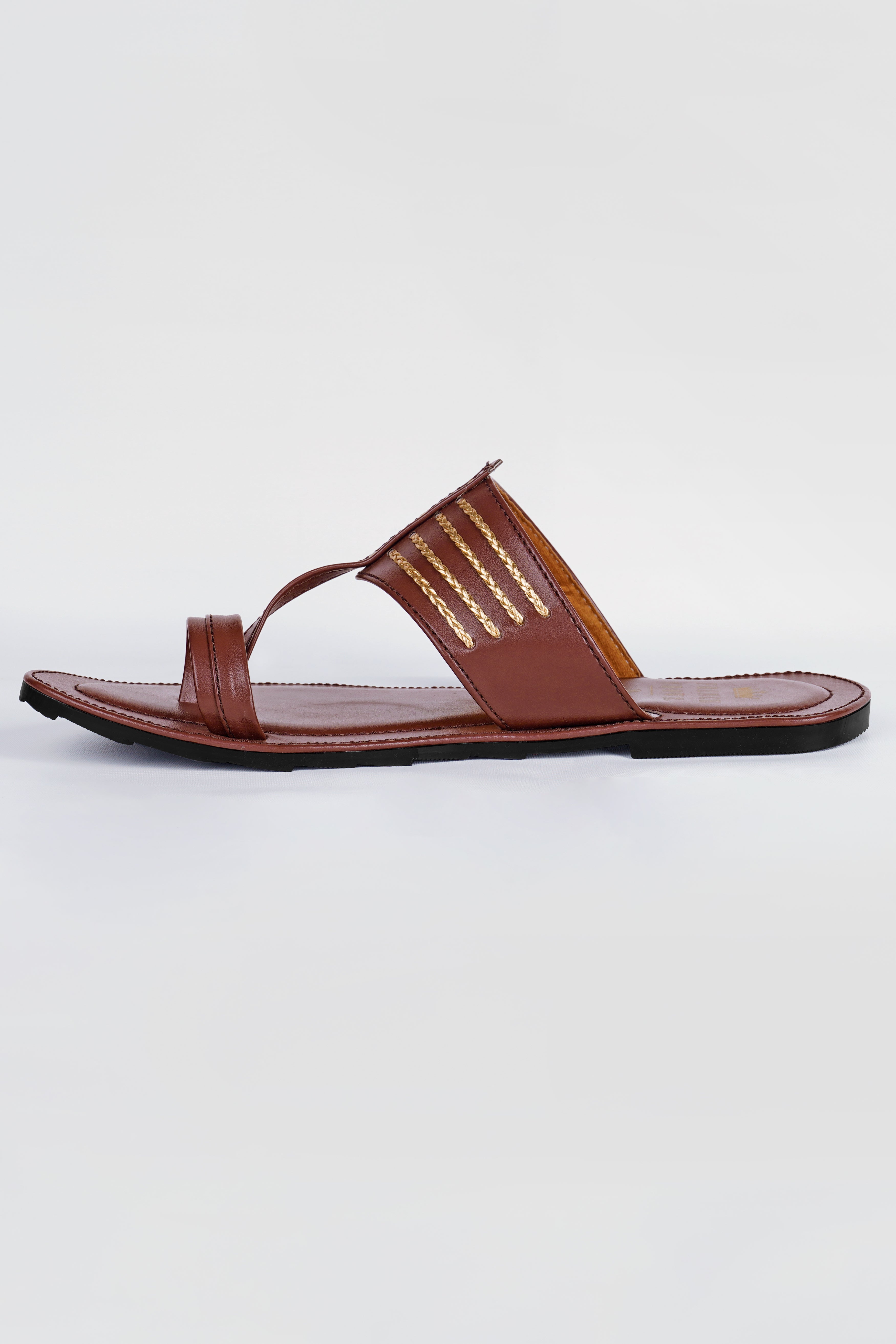 Brown with Golden Stitched Vegan Leather Kolhapuri Sandal FT153-6, FT153-7, FT153-8, FT153-9, FT153-10, FT153-11