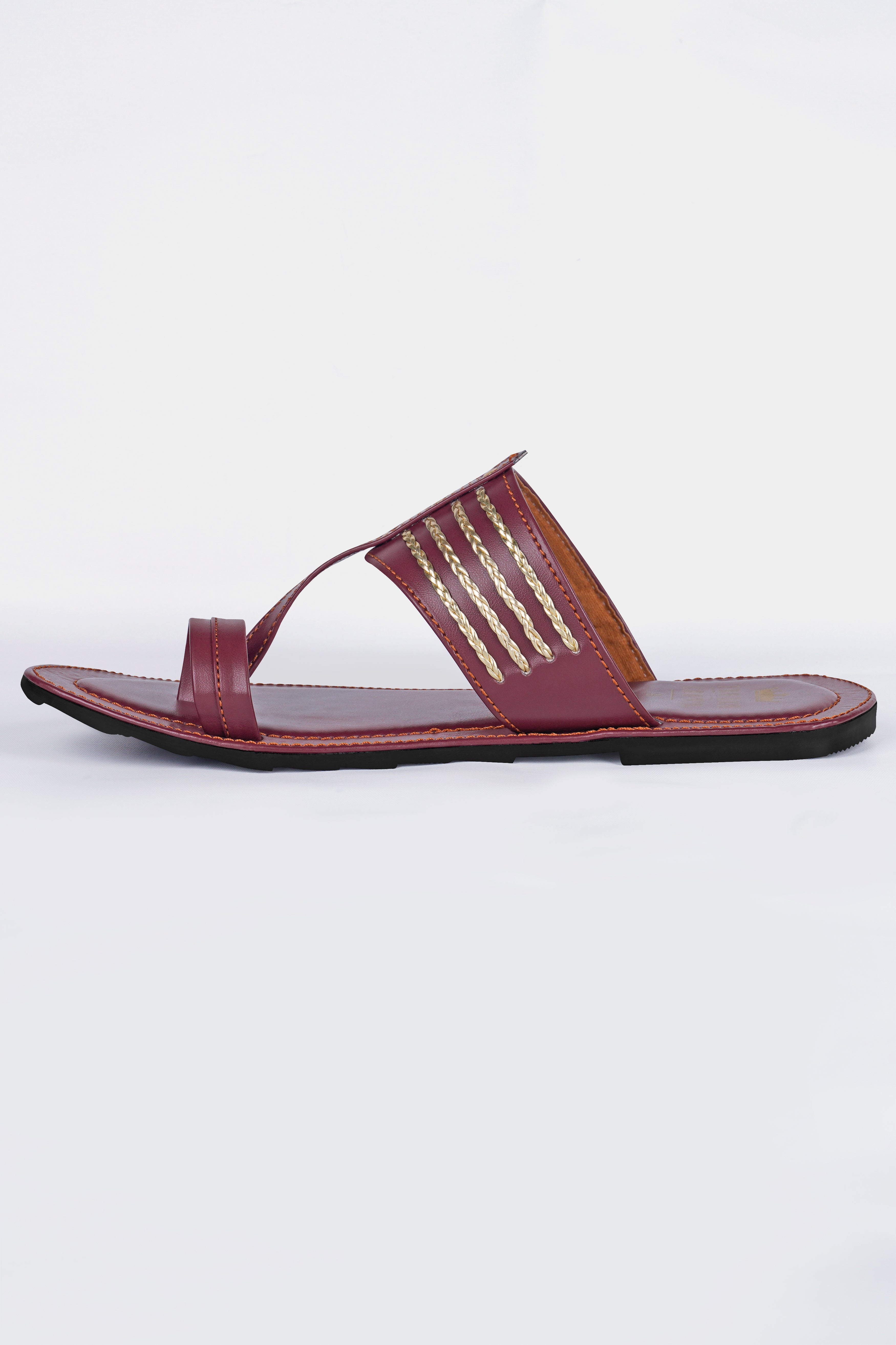 Maroon with Golden Stitched Vegan Leather Kolhapuri Sandal FT156-6, FT156-7, FT156-8, FT156-9, FT156-10, FT156-11
