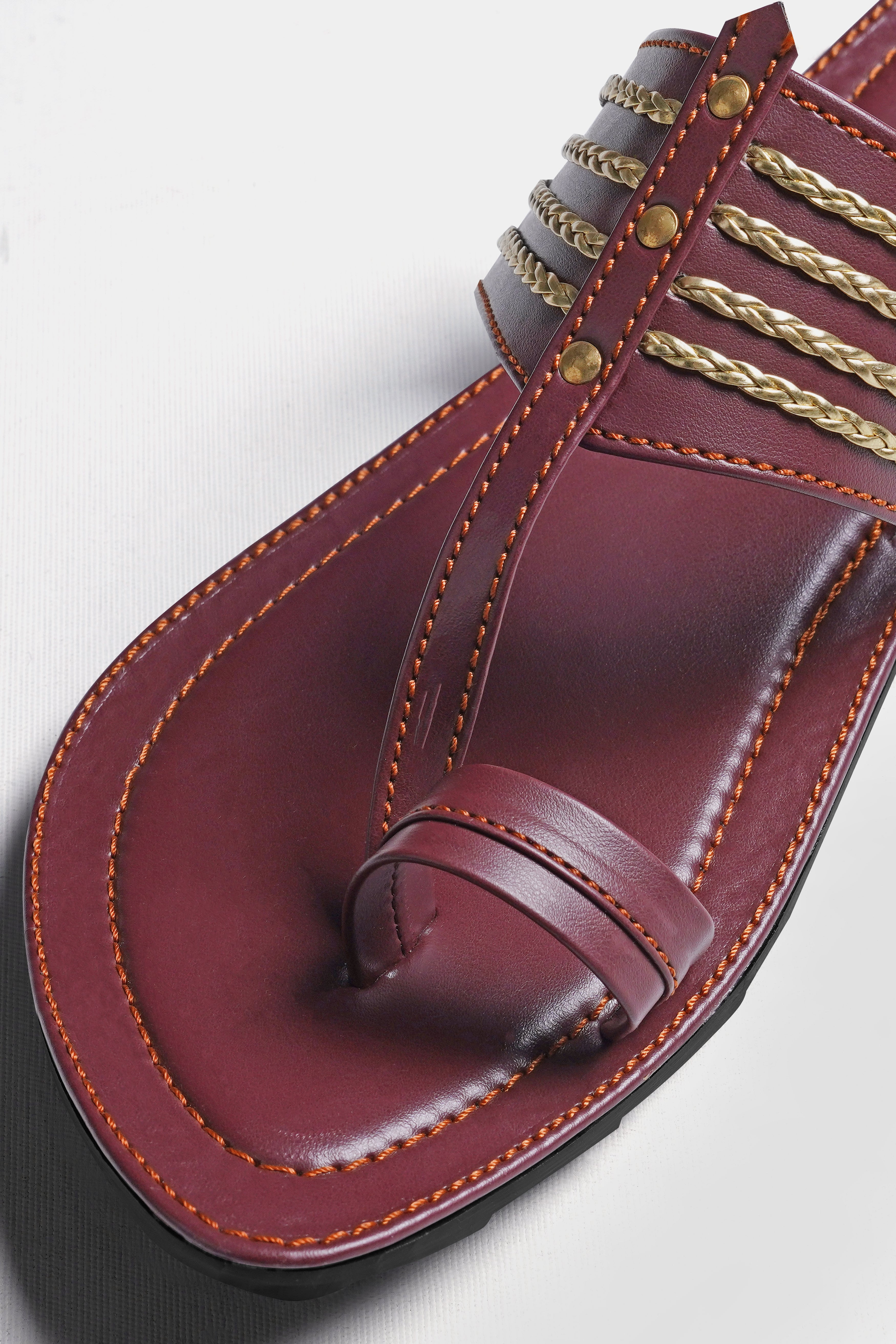 Maroon with Golden Stitched Vegan Leather Kolhapuri Sandal FT156-6, FT156-7, FT156-8, FT156-9, FT156-10, FT156-11