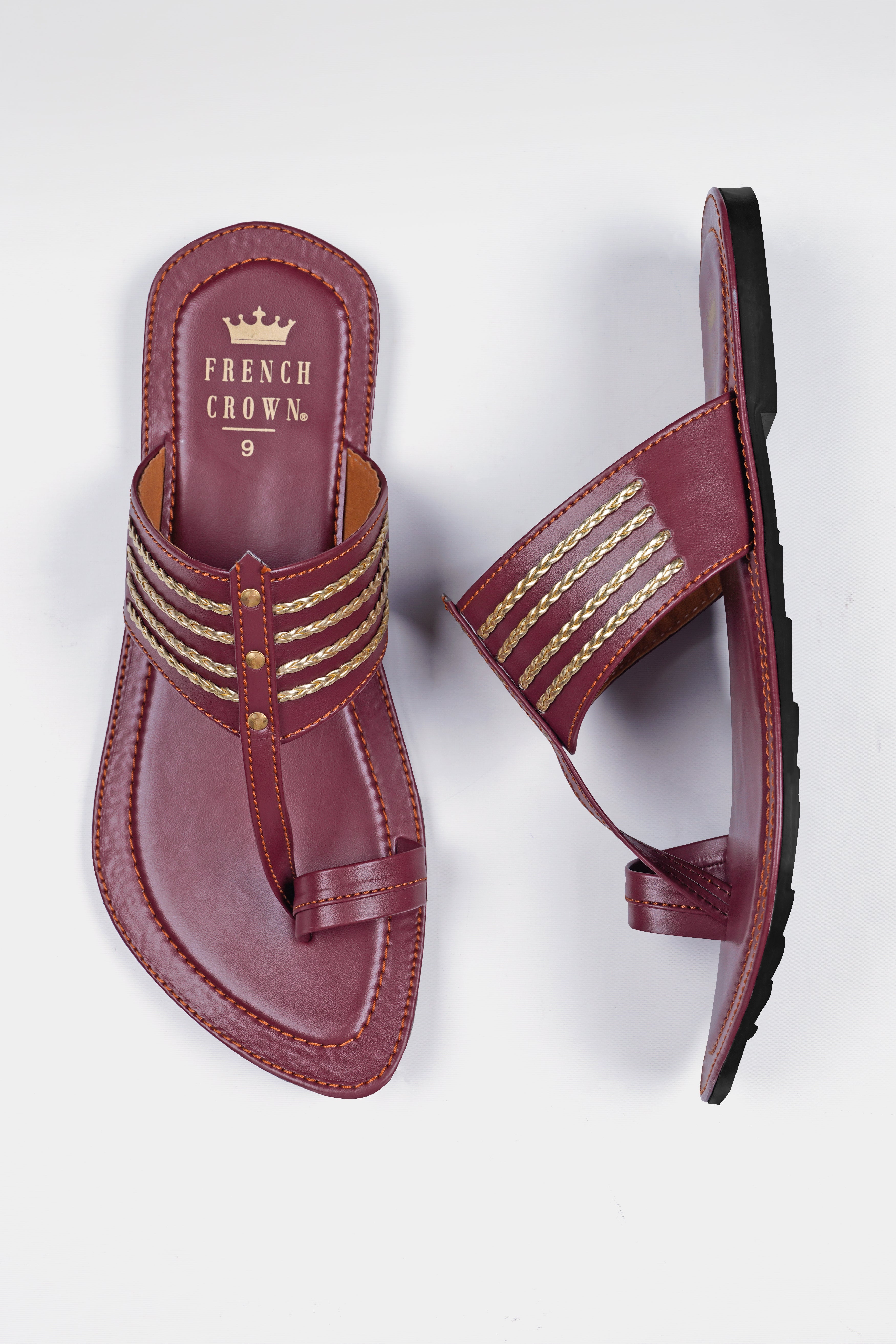 Maroon with Golden Stitched Vegan Leather Kolhapuri Sandal FT156-6, FT156-7, FT156-8, FT156-9, FT156-10, FT156-11