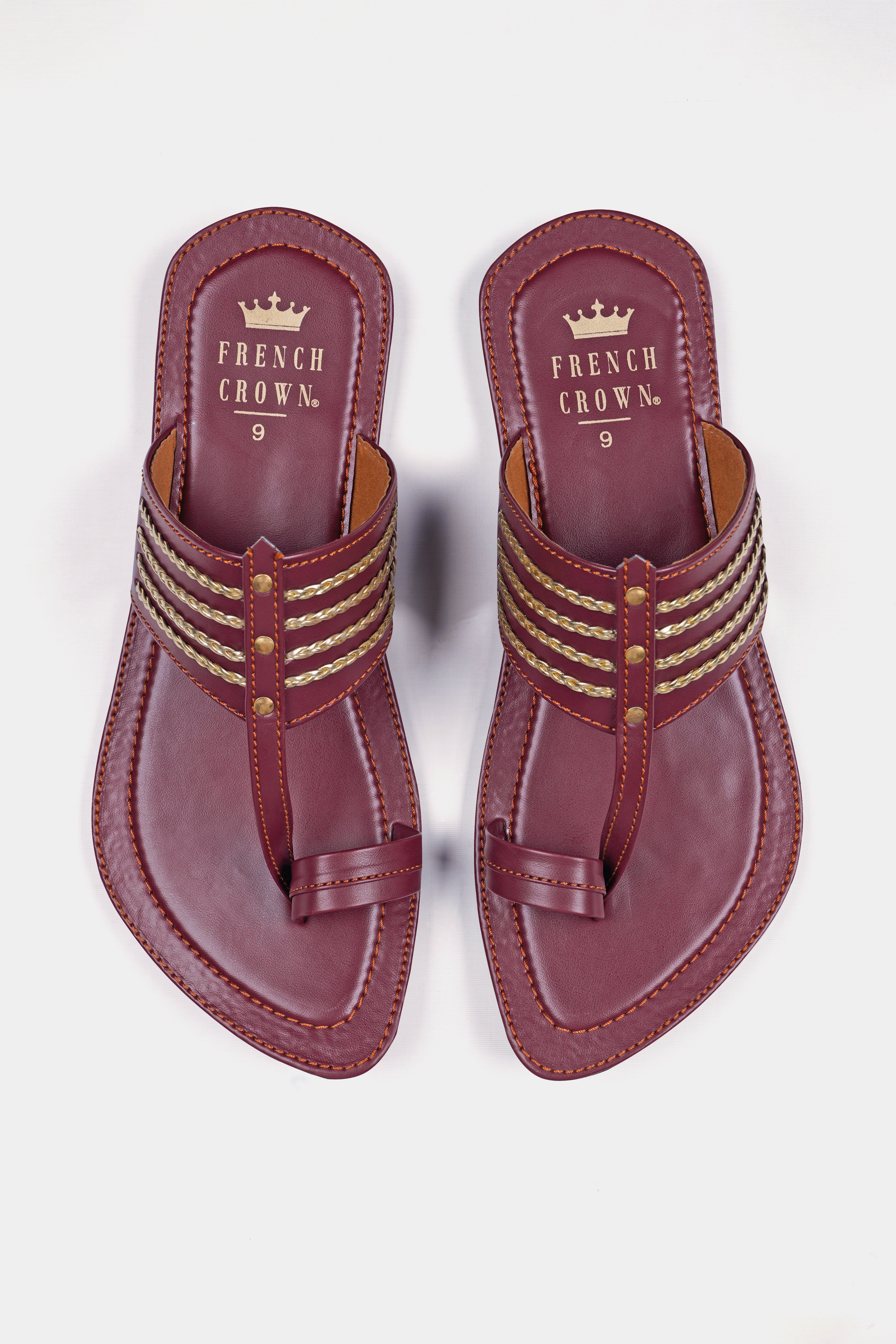 Maroon with Golden Stitched Vegan Leather Kolhapuri Sandal FT156-6, FT156-7, FT156-8, FT156-9, FT156-10, FT156-11