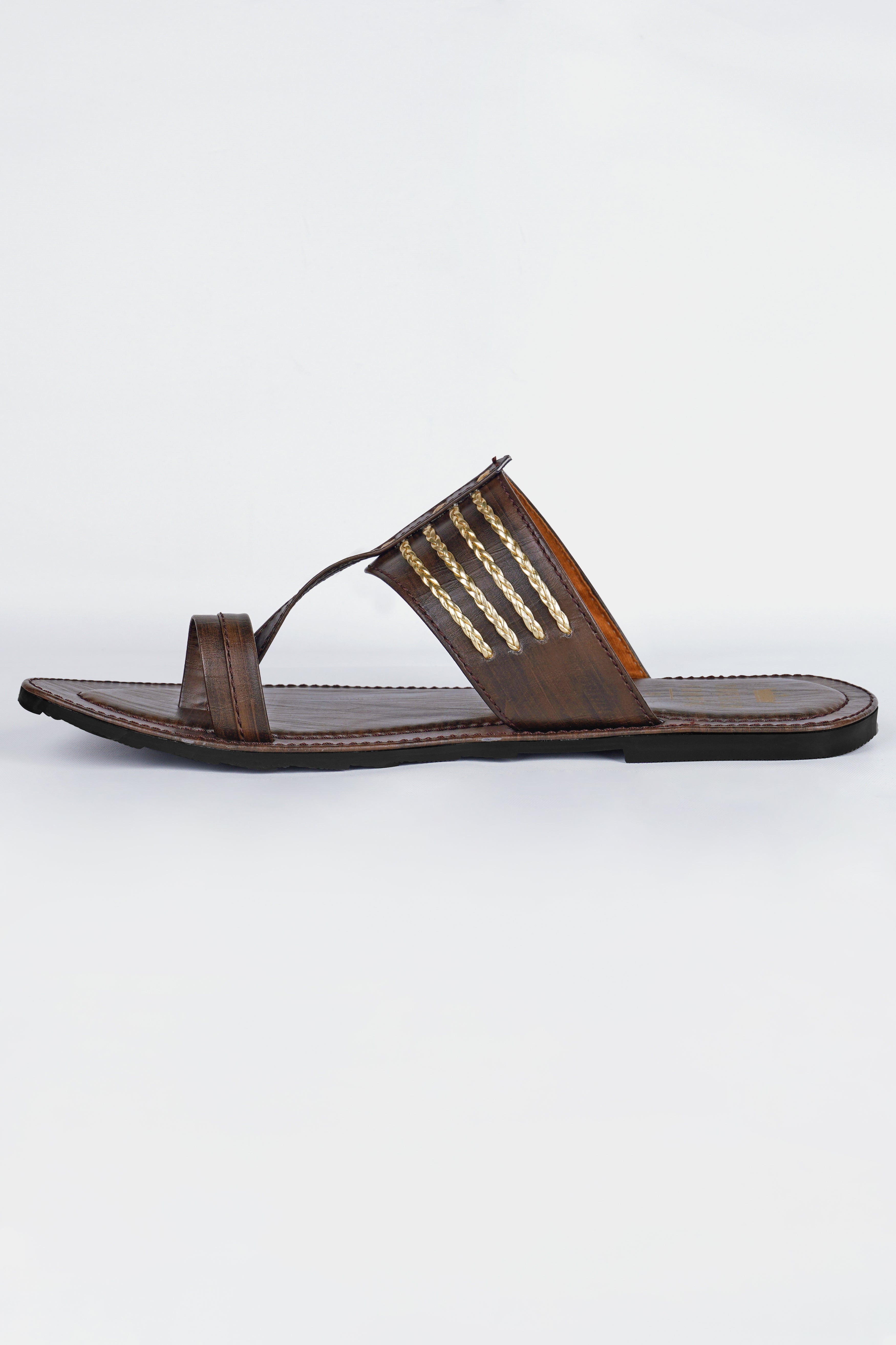 Wood Brown with Golden Stitched Vegan Leather Kolhapuri Sandal FT157-6, FT157-7, FT157-8, FT157-9, FT157-10, FT157-11