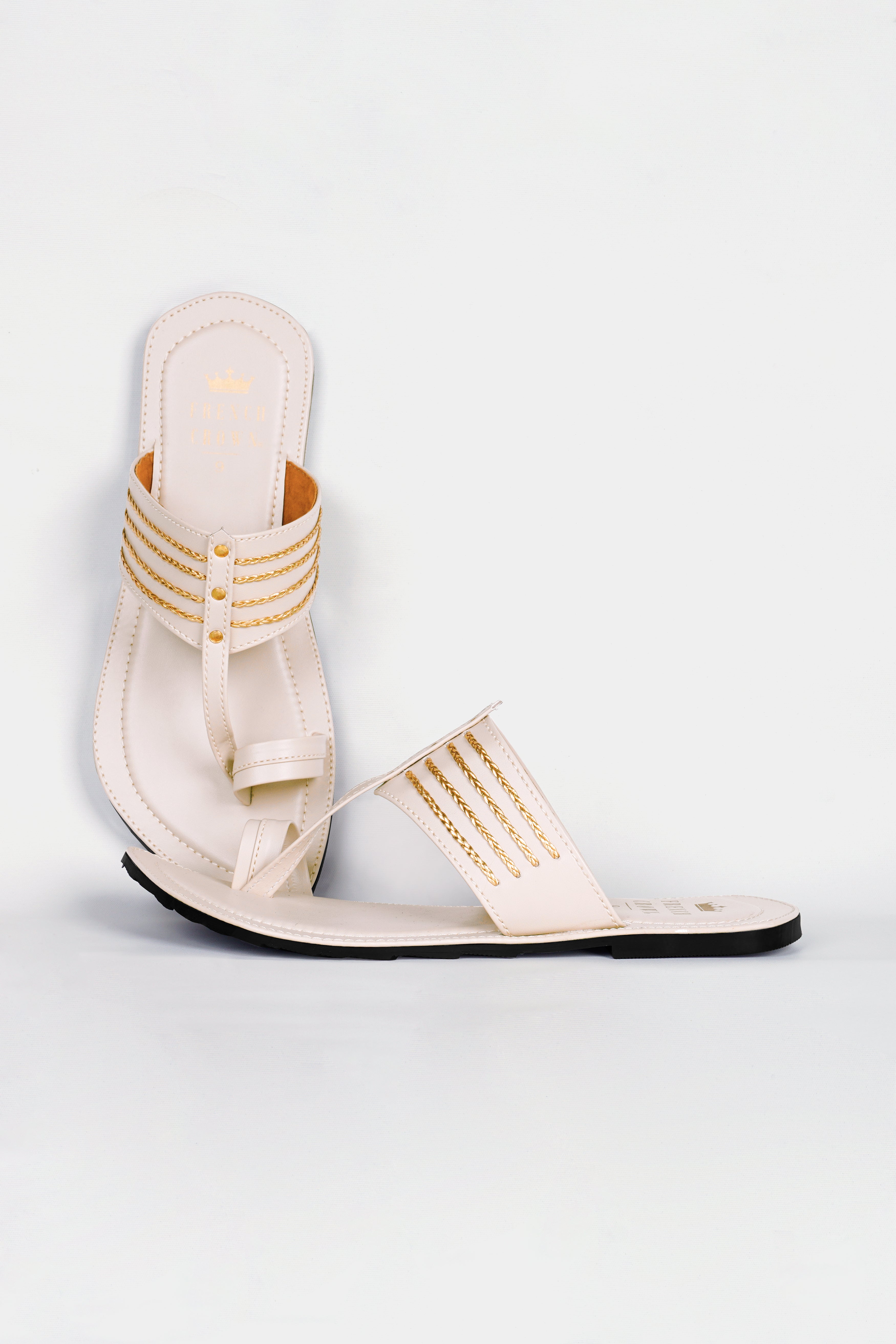 Cream with Golden Stitched Vegan Leather Kolhapuri Sandal FT158-6, FT158-7, FT158-8, FT158-9, FT158-10, FT158-11