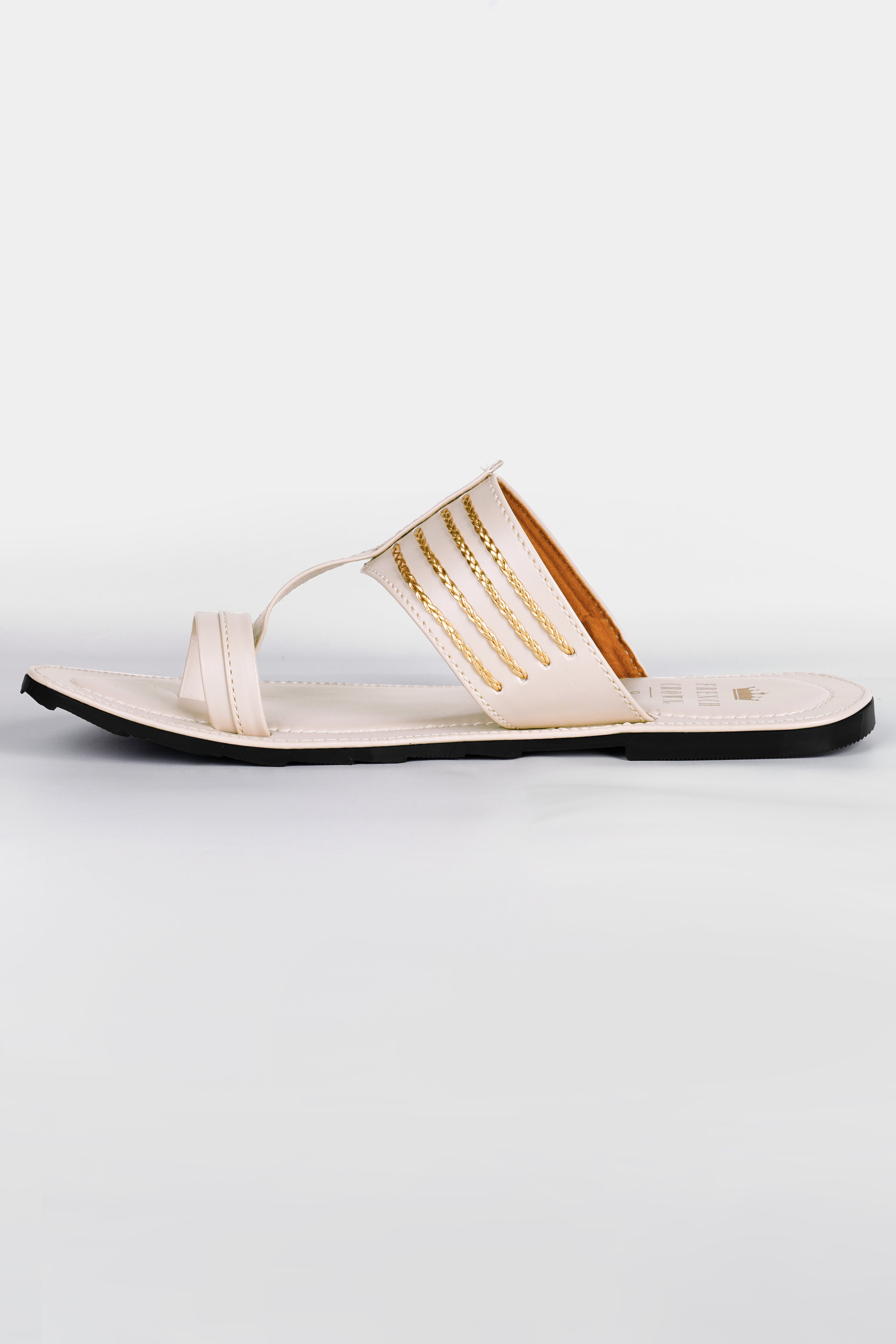 Cream with Golden Stitched Vegan Leather Kolhapuri Sandal FT158-6, FT158-7, FT158-8, FT158-9, FT158-10, FT158-11