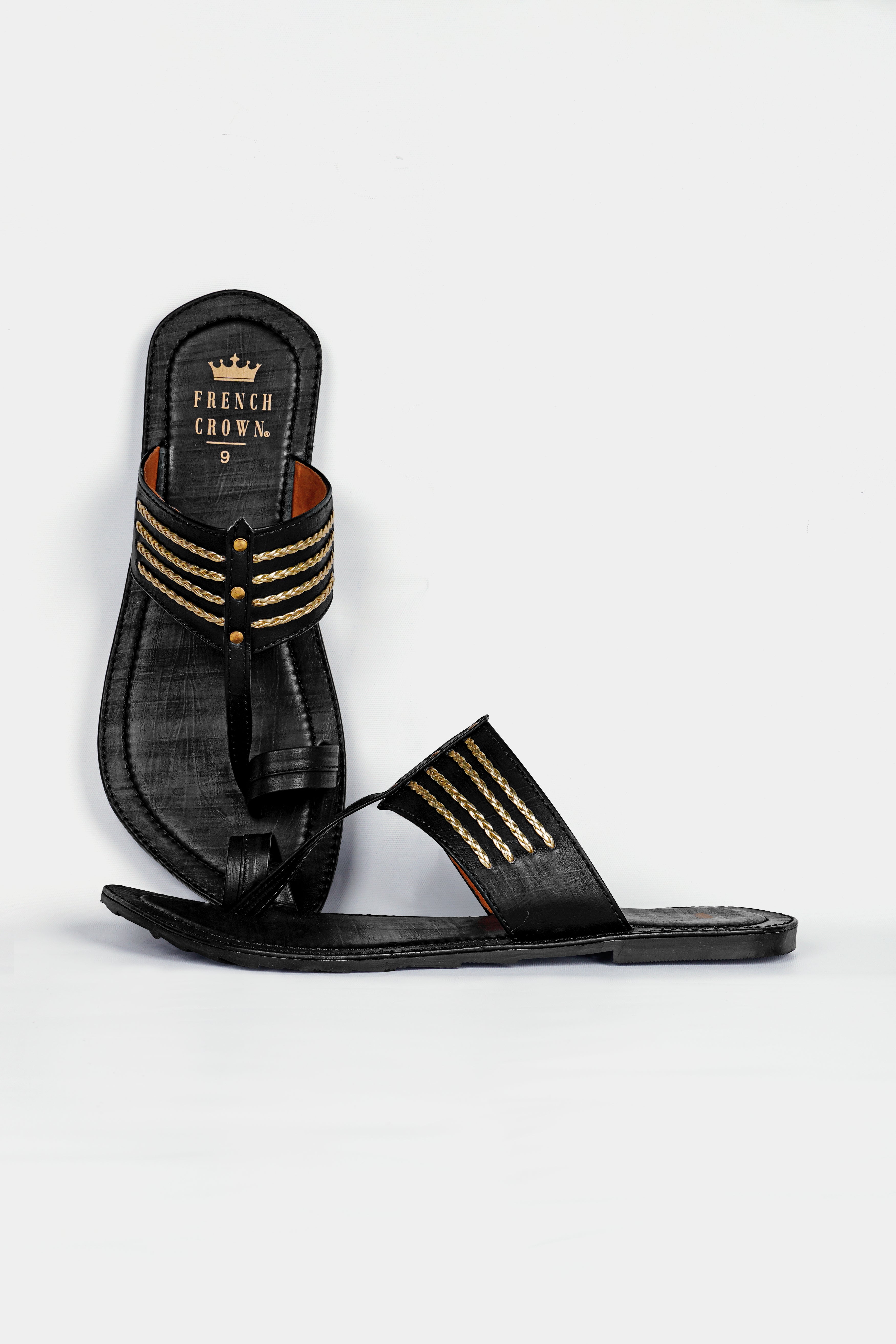 Jade Black with Golden Stitched Vegan Leather Kolhapuri Sandal FT159-6, FT159-7, FT159-8, FT159-9, FT159-10, FT159-11