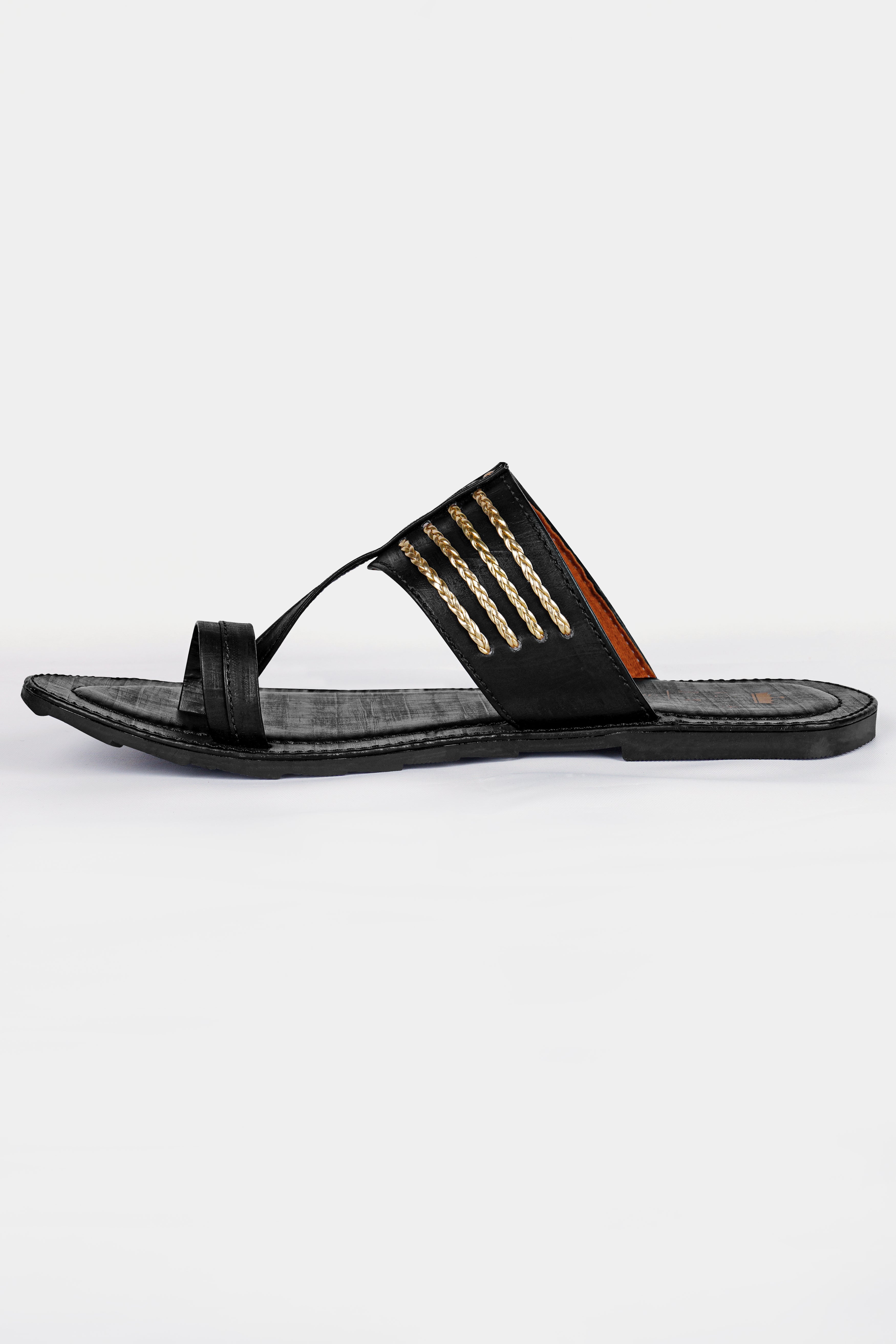 Jade Black with Golden Stitched Vegan Leather Kolhapuri Sandal FT159-6, FT159-7, FT159-8, FT159-9, FT159-10, FT159-11