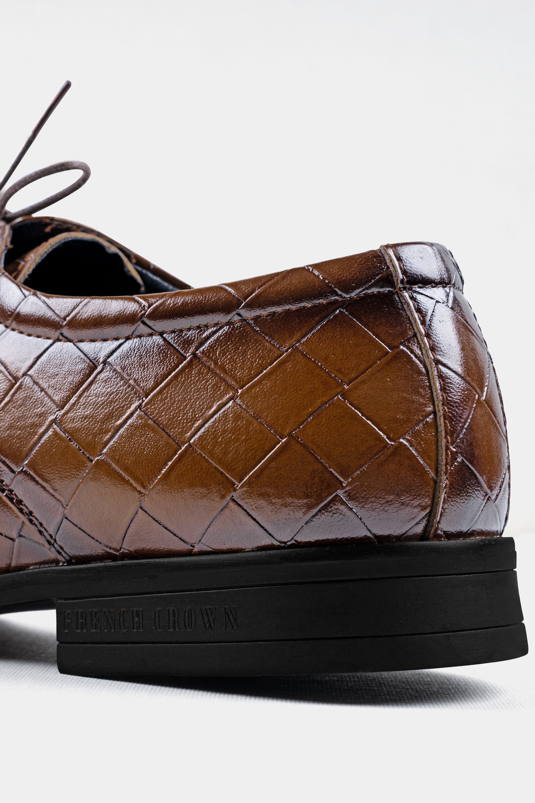 Walnut Brown Weave Textured Vegan Leather Derby Shoes