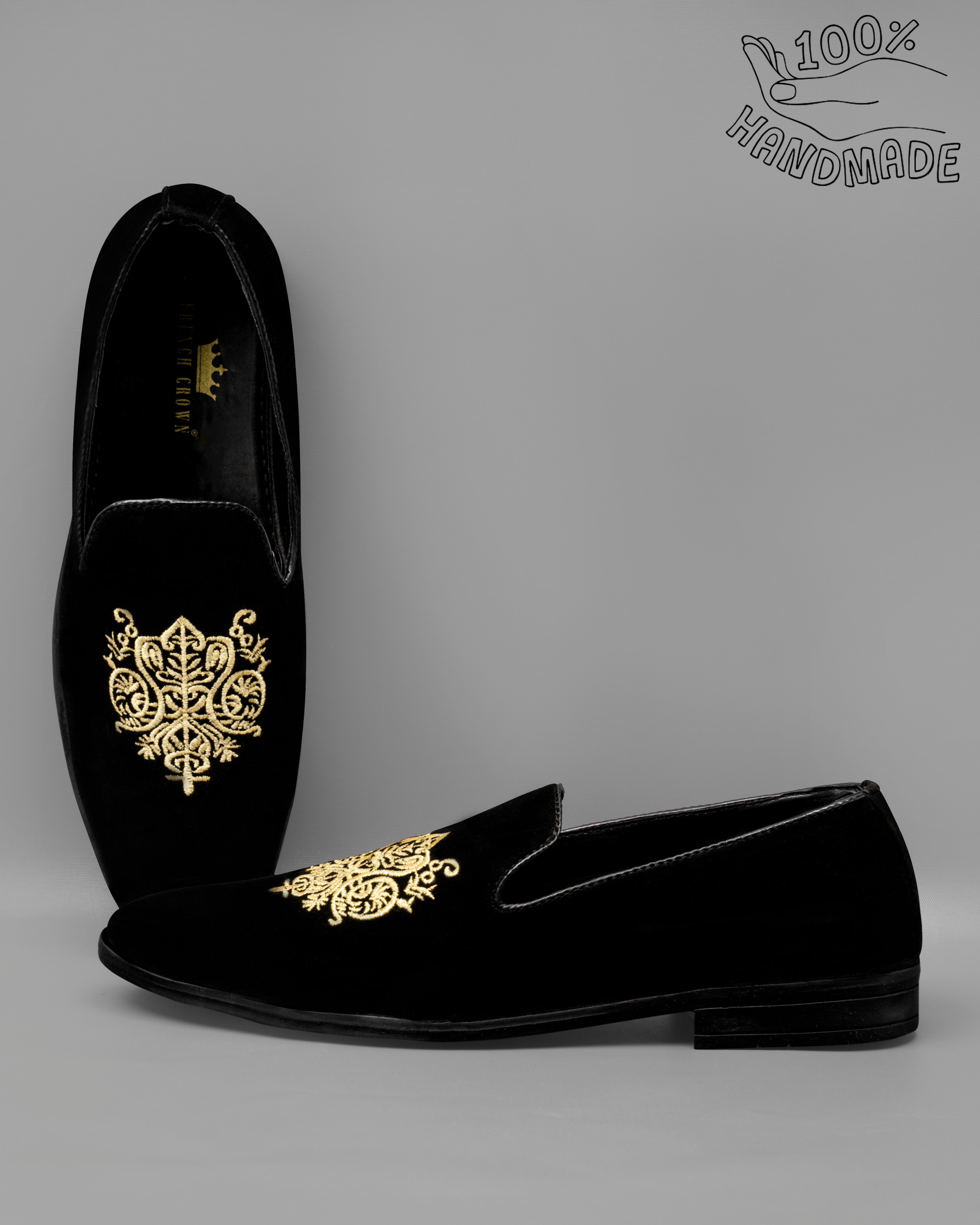 Jade Black Velvet Embroidered Hand stitched Slip-On Shoes FT104-6, FT104-7, FT104-8, FT104-9, FT104-10, FT104-11