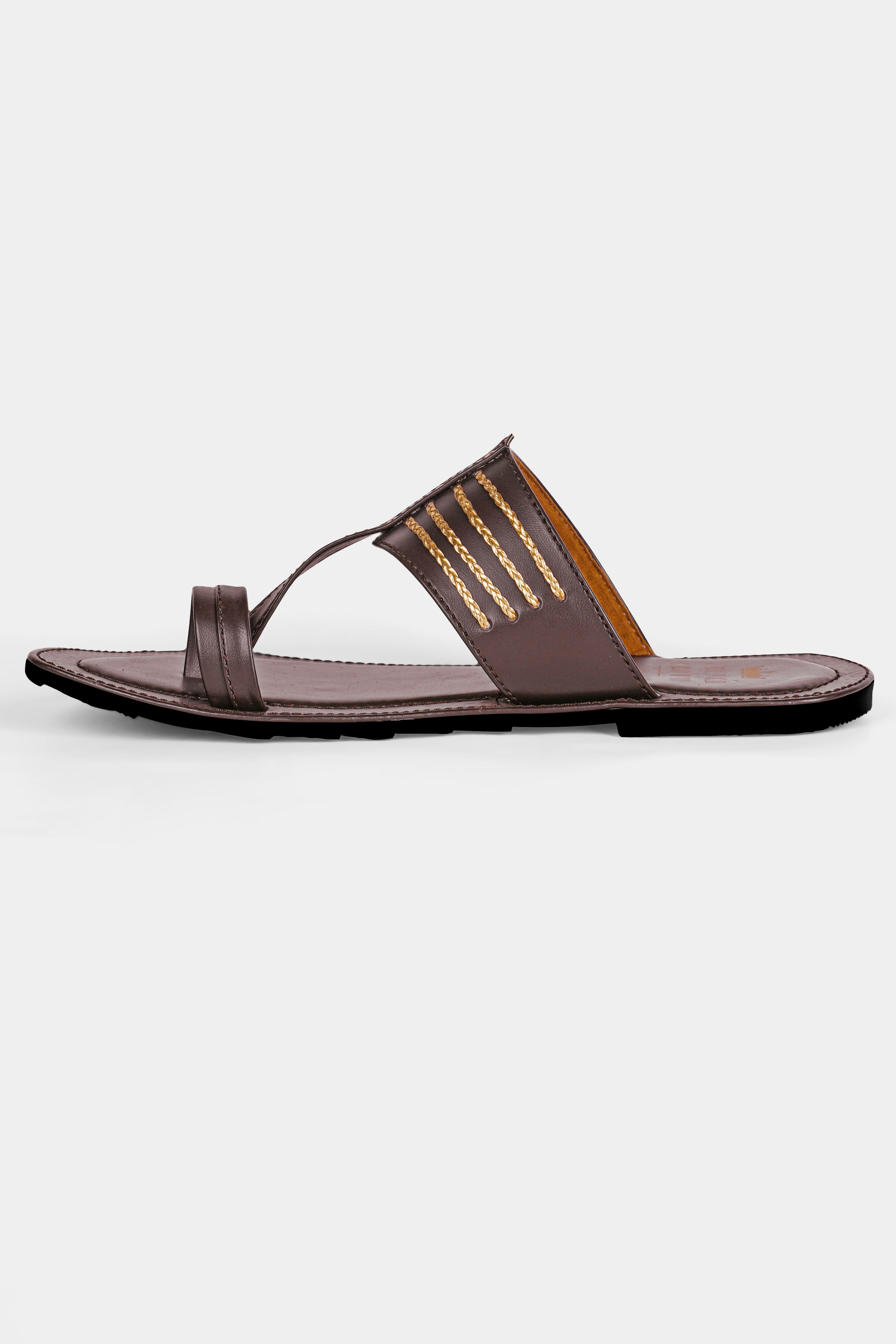 Dark Brown with Golden Stitched Vegan Leather Kolhapuri Sandal FT155-6, FT155-7, FT155-8, FT155-9, FT155-10, FT155-11