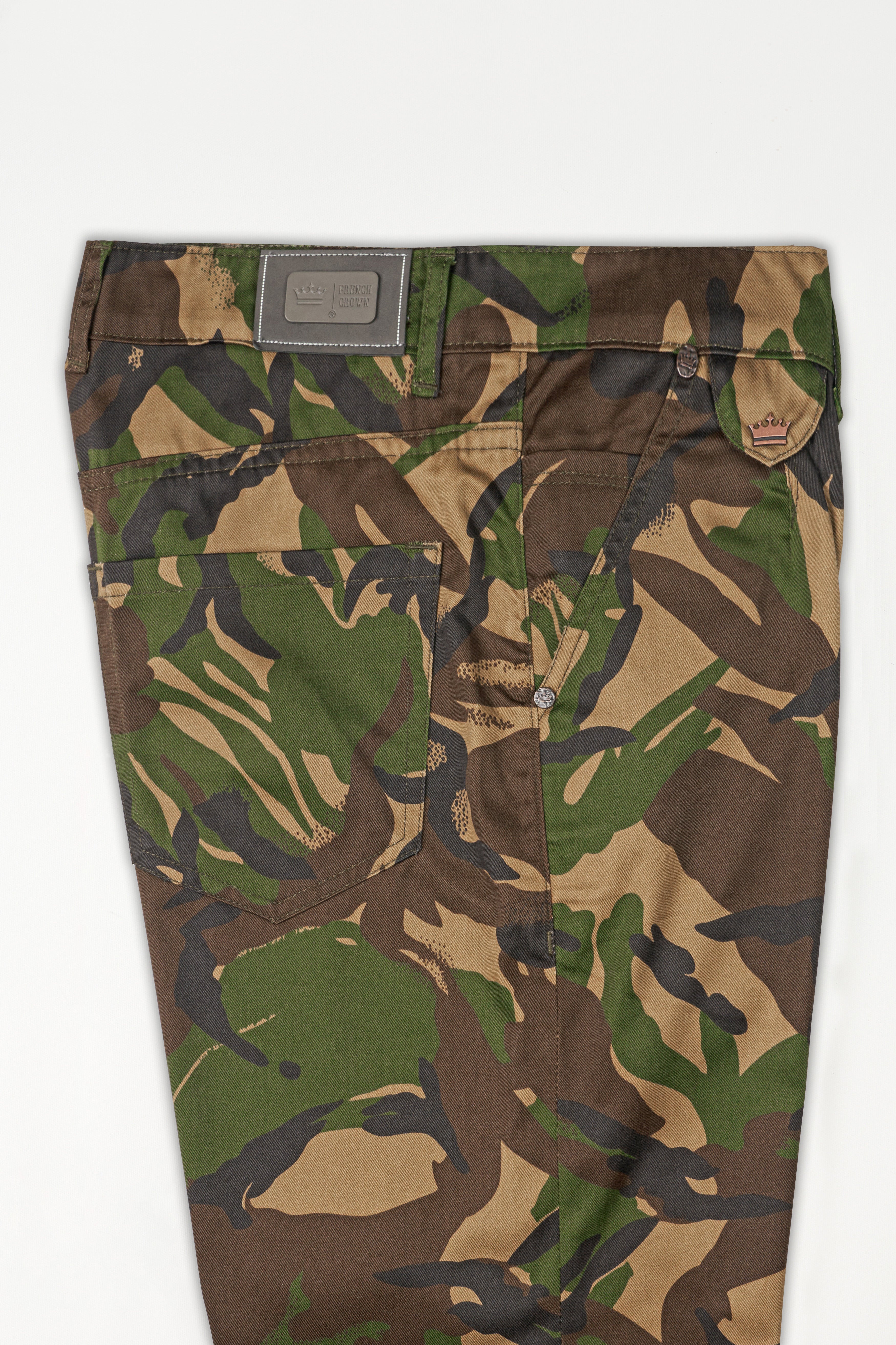 Taupe Brown with Verdun Green Camouflage Printed Denim J246-30, J246-32, J246-34, J246-36, J246-38, J246-40