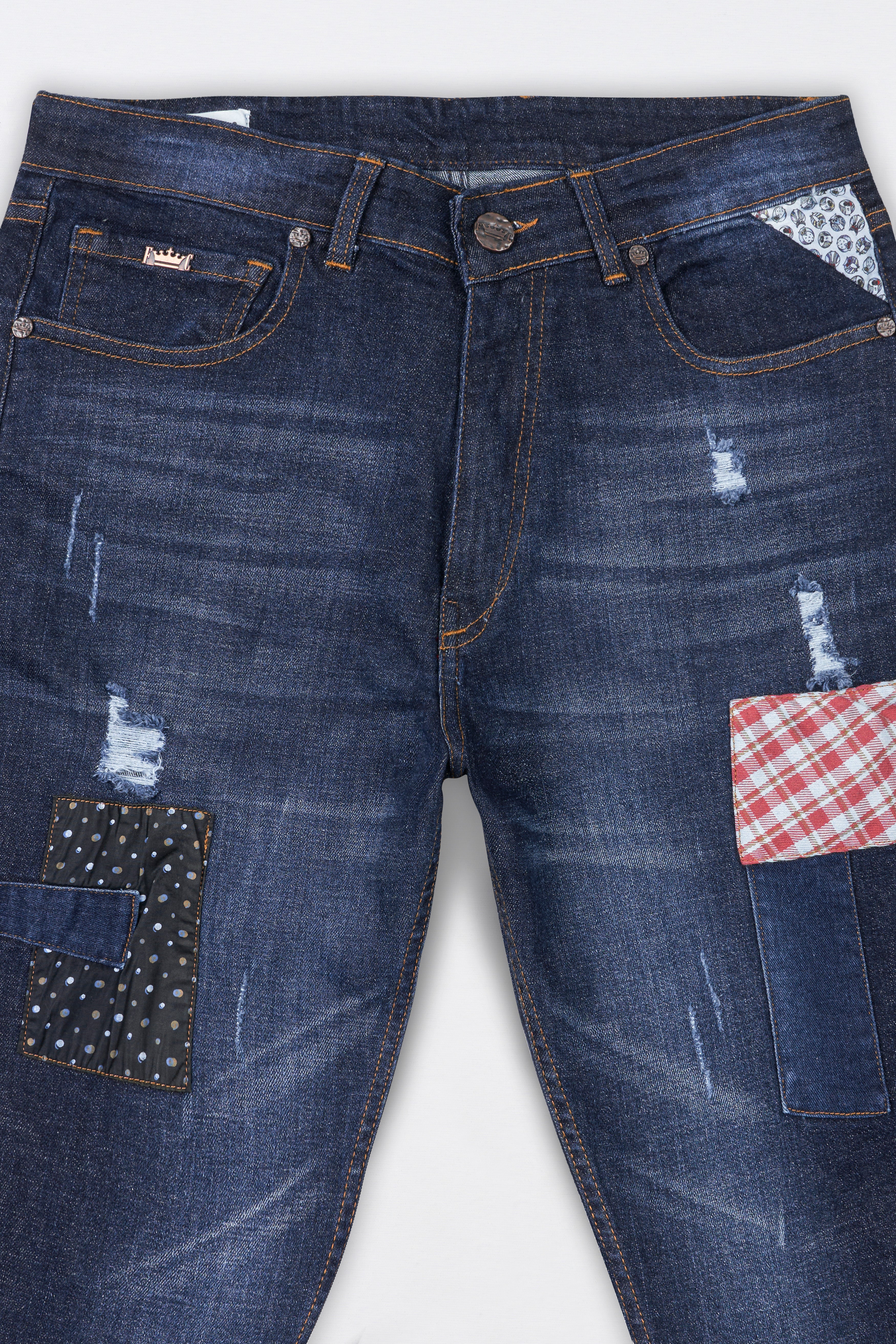 Gunmetal Blue Mildly Distressed Patch Work Whiskering Wash Stretchable Denim J257-30, J257-32, J257-34, J257-36, J257-38, J257-40