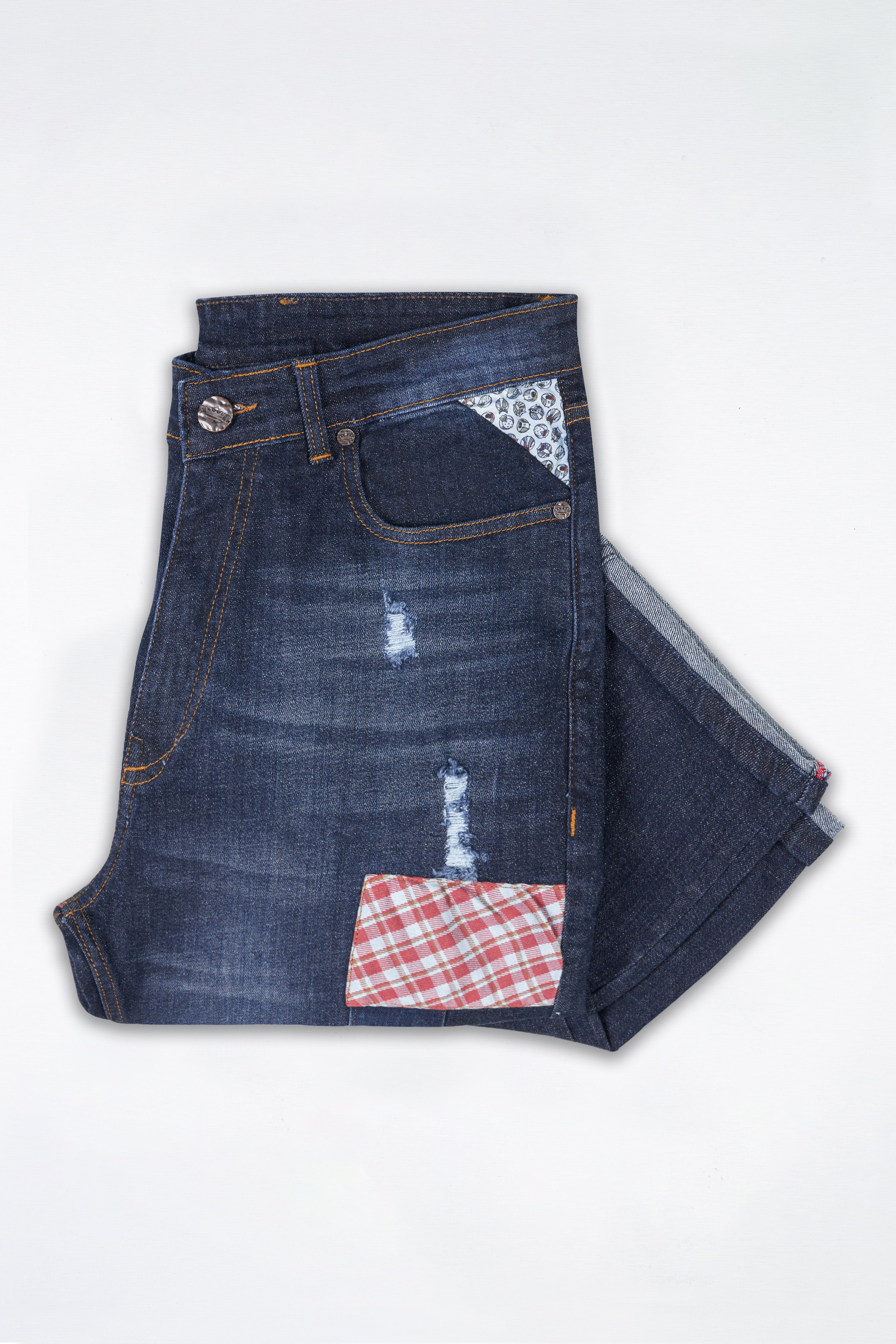 Gunmetal Blue Mildly Distressed Patch Work Whiskering Wash Stretchable Denim J257-30, J257-32, J257-34, J257-36, J257-38, J257-40