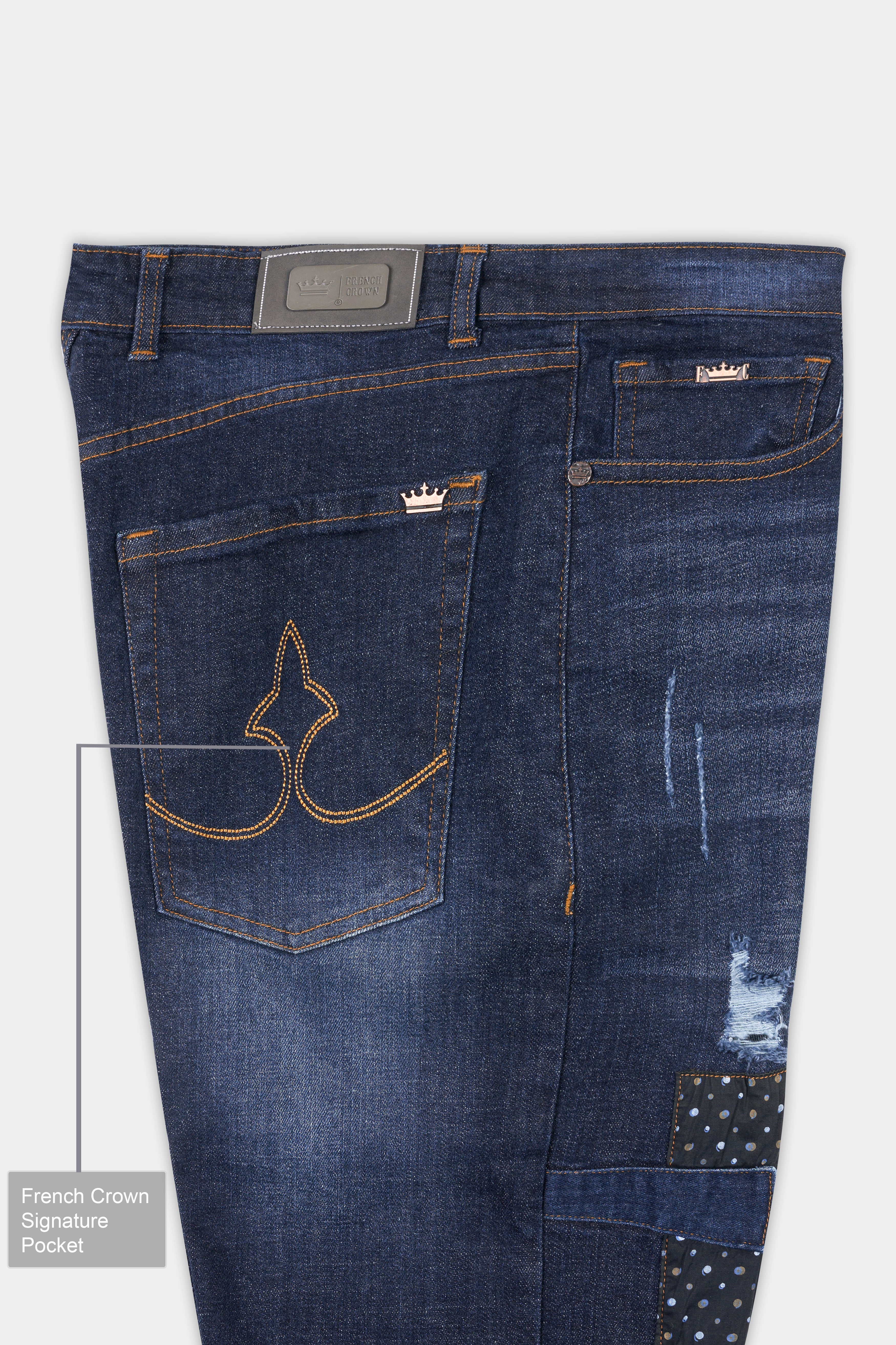 Gunmetal Blue Mildly Distressed Patch Work Whiskering Wash Stretchable Denim J257-30, J257-32, J257-34, J257-36, J257-38, J257-40