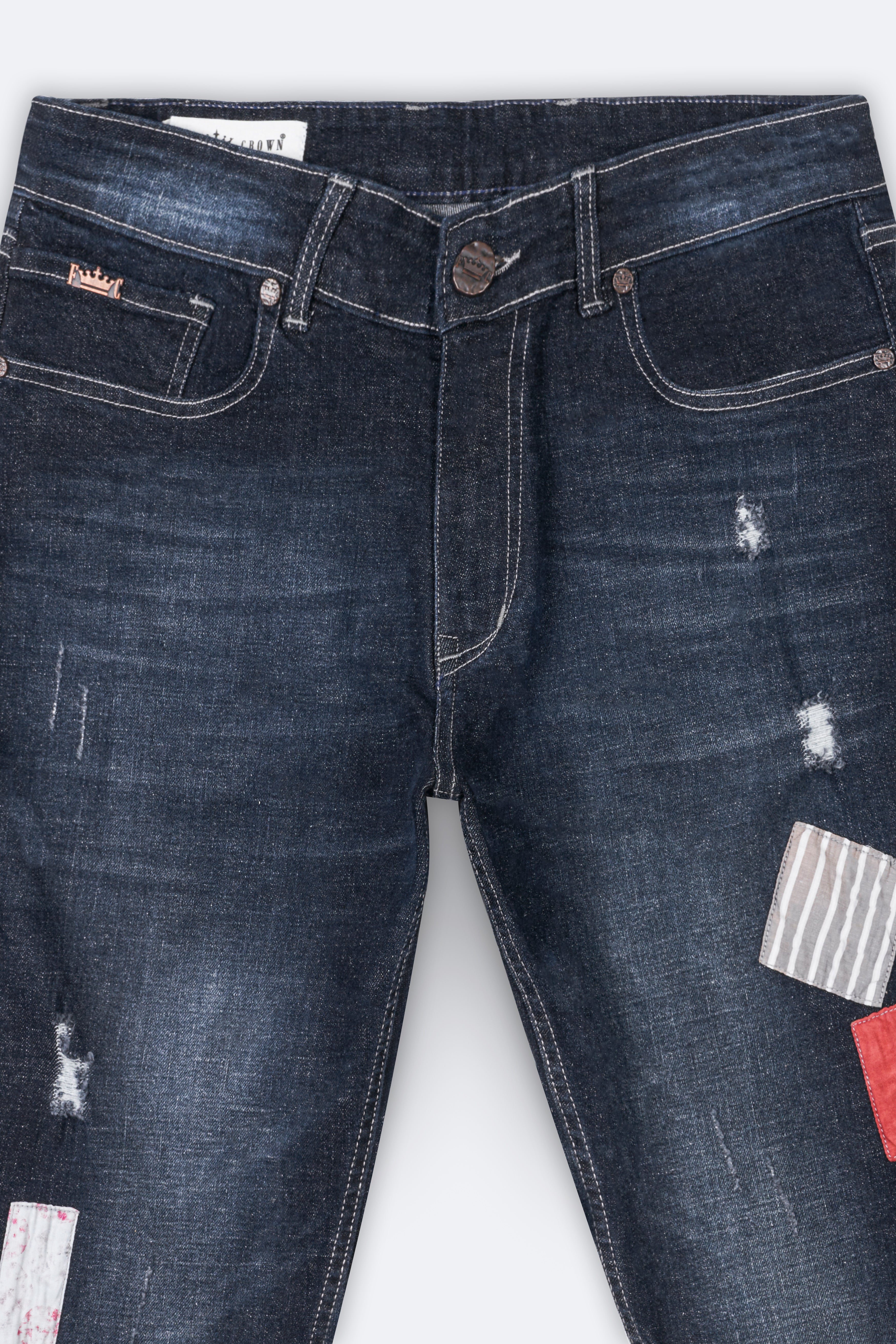 Thunder Black Mildly Distressed Patch Work Whiskering Wash Stretchable Denim J258-30, J258-32, J258-34, J258-36, J258-38, J258-40