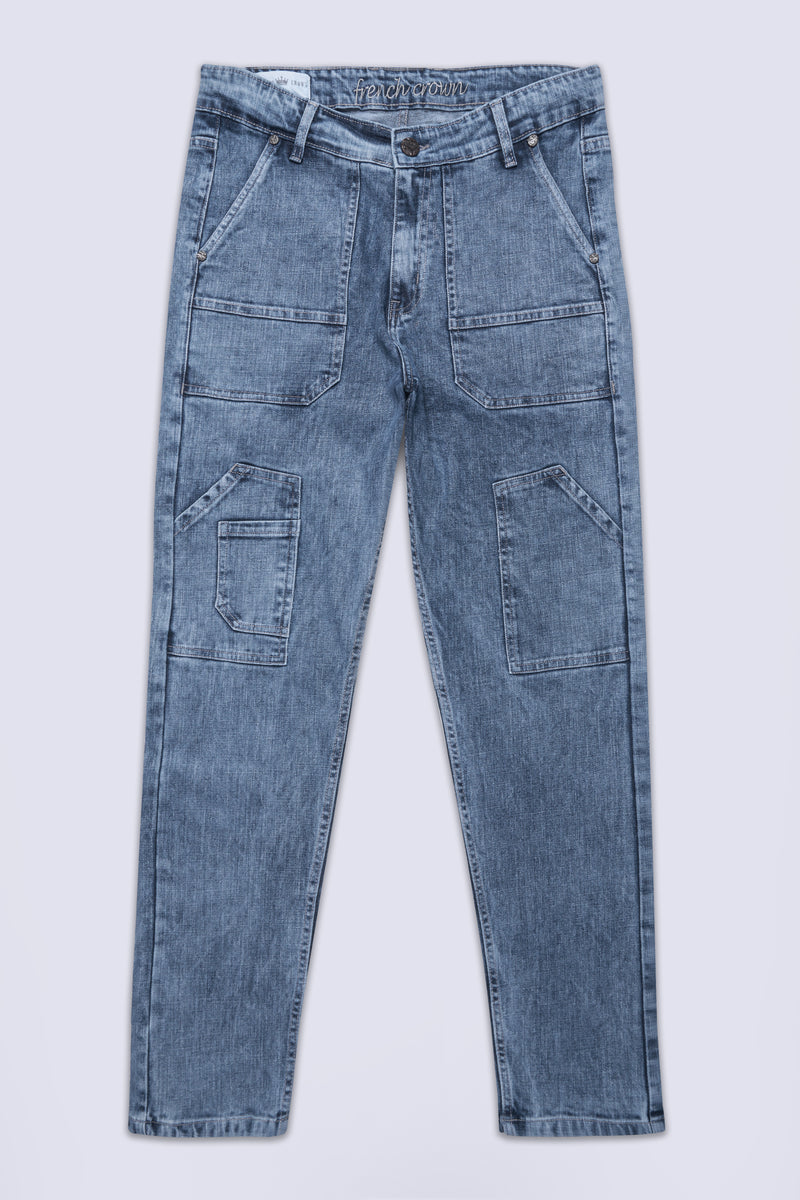 Gothic Blue Acid Wash Stretchable Cargo Denim