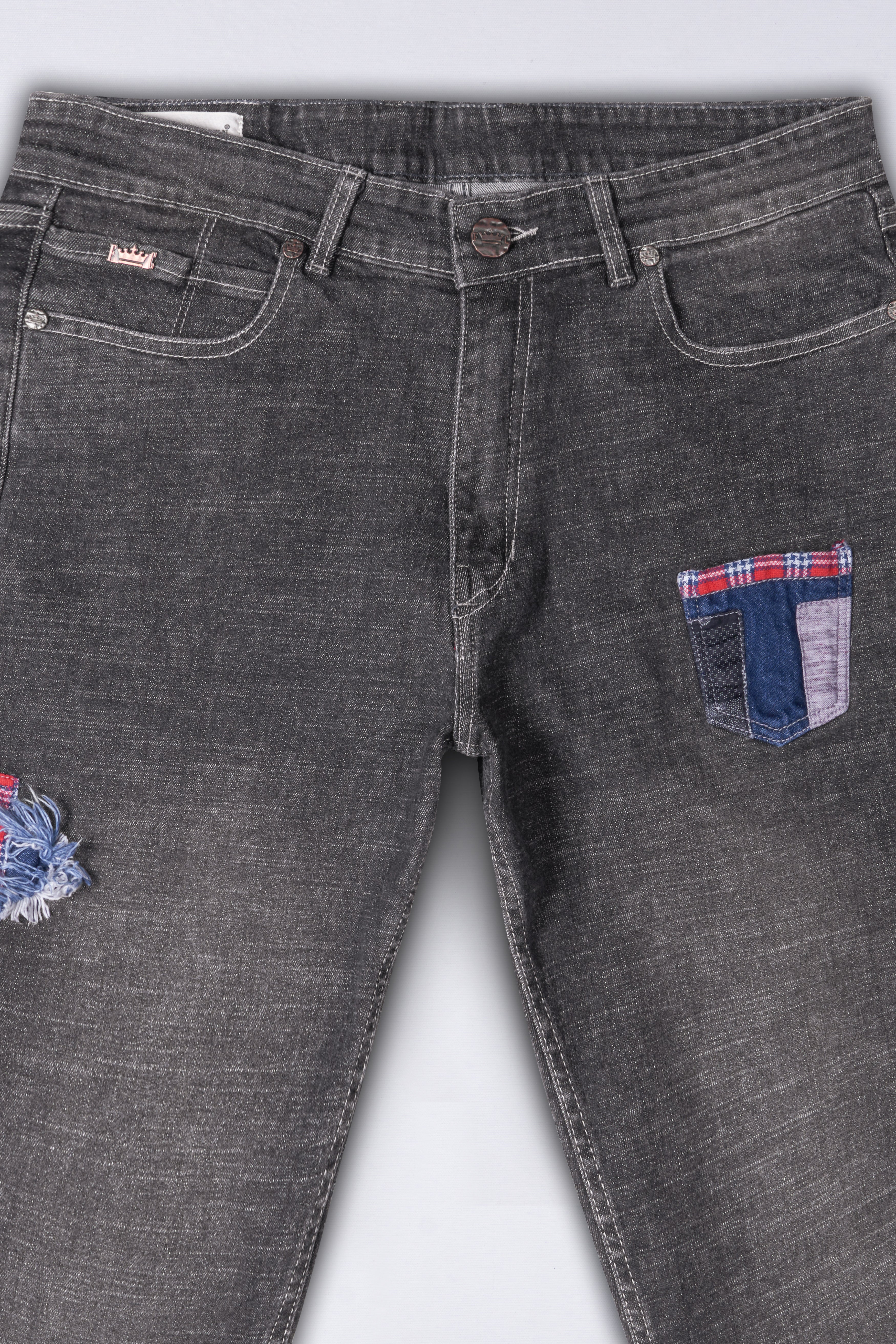 Wenge Grey Acid Wash Patch Work Stretchable Denim J268-30, J268-32, J268-34, J268-36, J268-38, J268-40