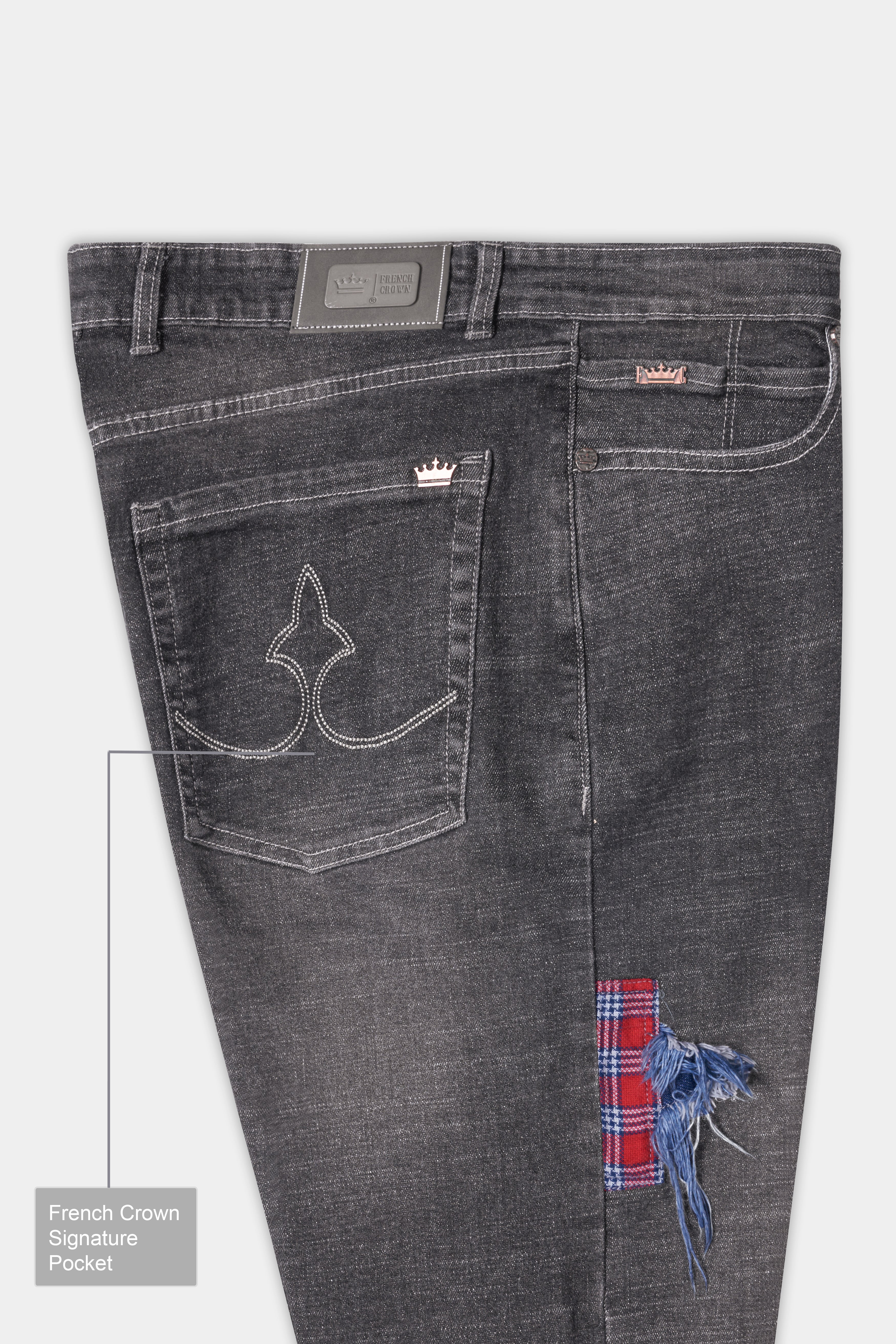 Wenge Grey Acid Wash Patch Work Stretchable Denim J268-30, J268-32, J268-34, J268-36, J268-38, J268-40