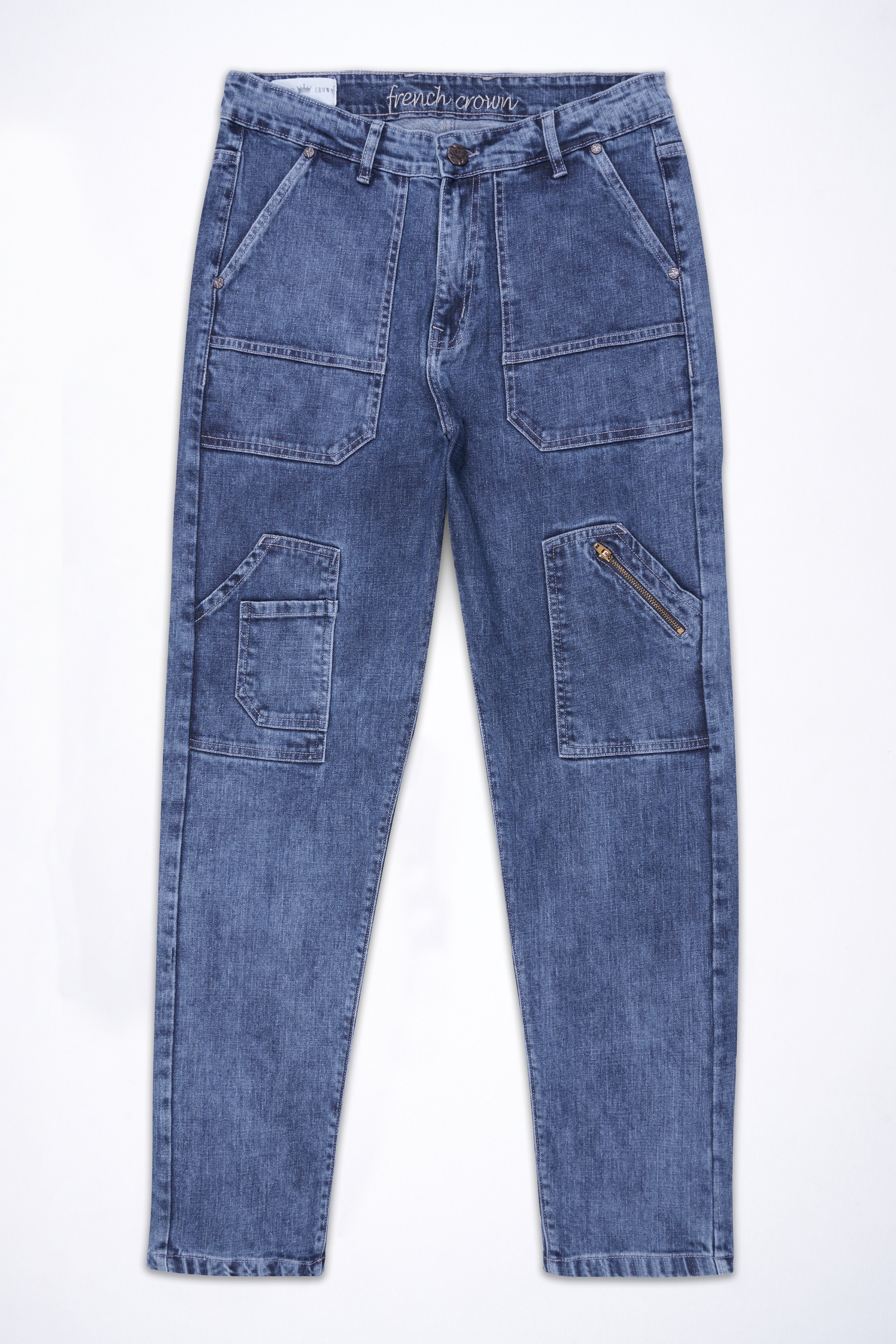 River Bed Blue Acid Wash Cargo Denim J269-30, J269-32, J269-34, J269-36, J269-38, J269-40