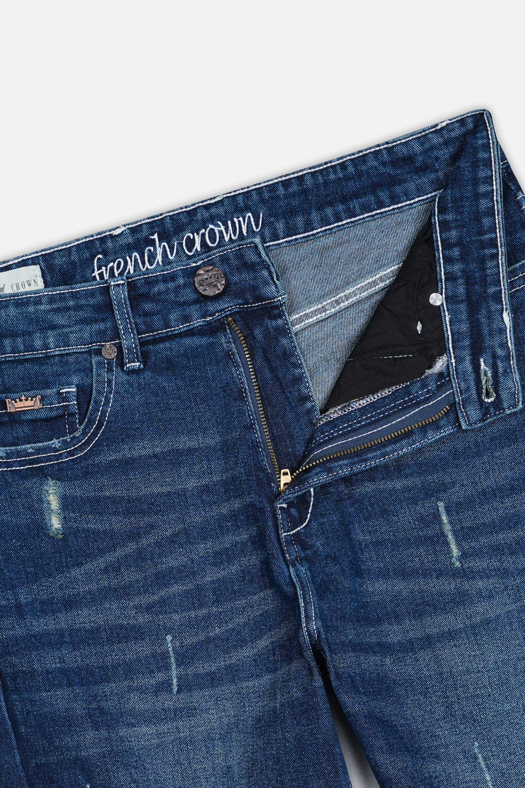 Cloud Burst Blue Whiskering Wash Mildly Distressed Denim