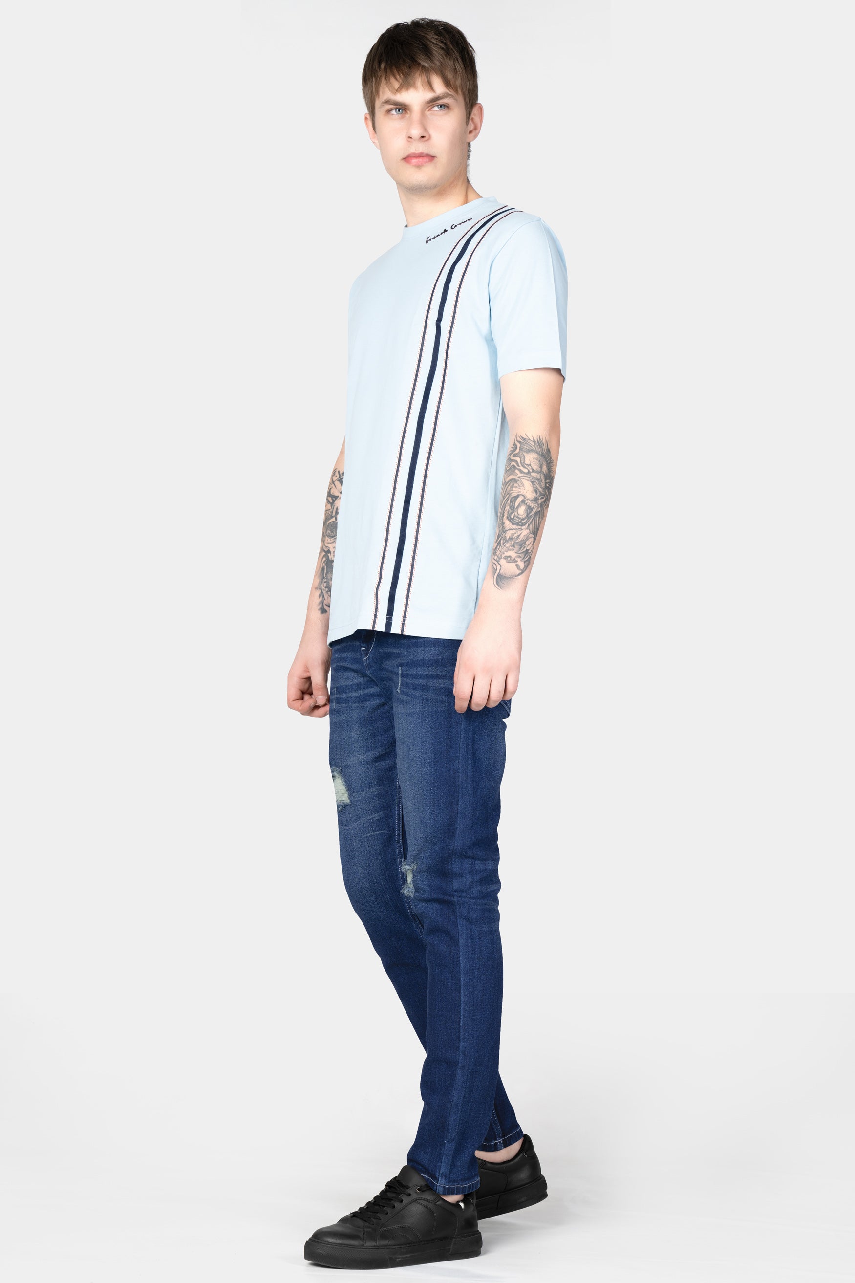 Cloud Burst Blue Whiskering Wash Mildly Distressed Denim