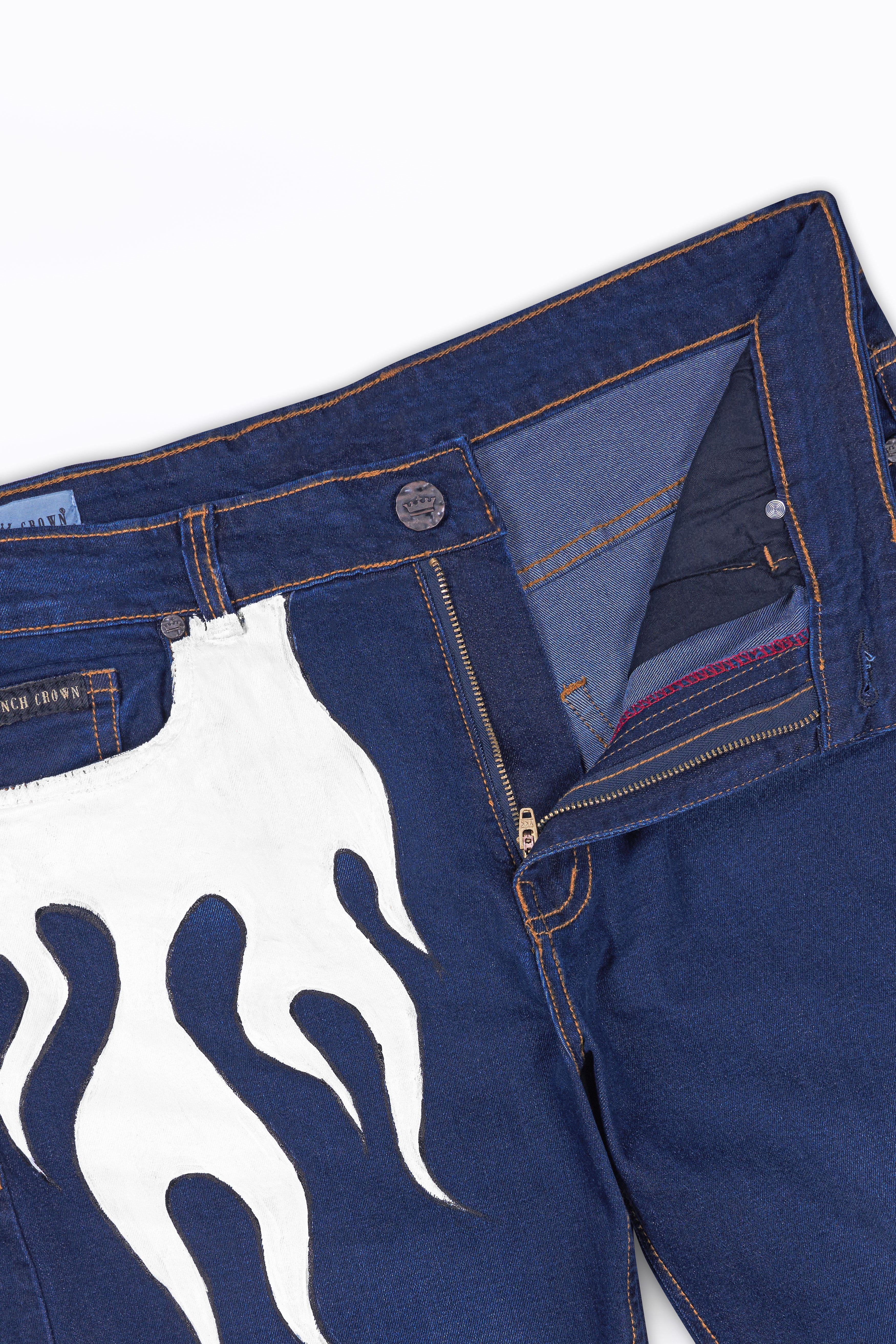 Tuna Blue and White Stone Wash Hand Painted Stretchable Denim J148-ART-30, J148-ART-32, J148-ART-34, J148-ART-36, J148-ART-38, J148-ART-40