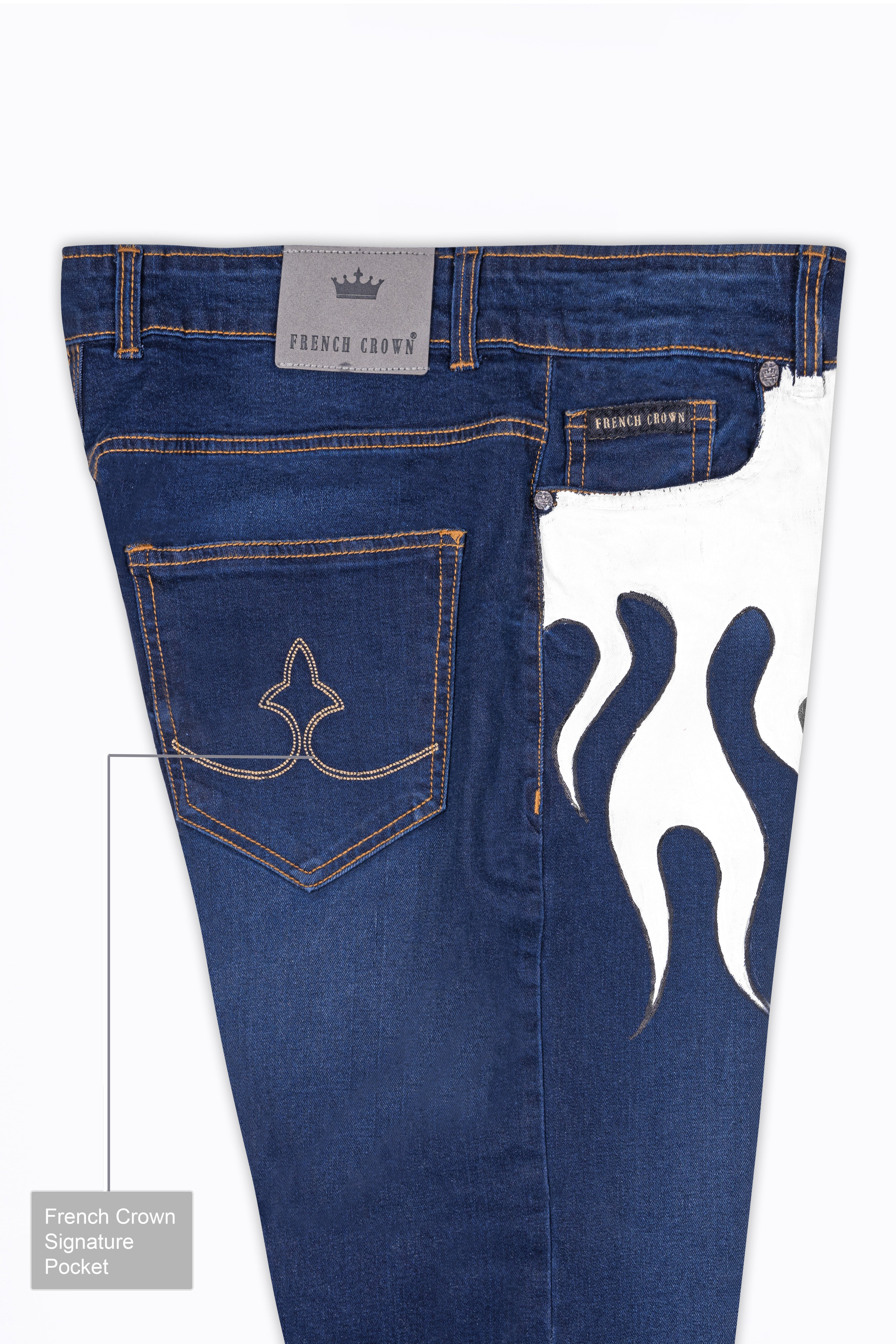 Tuna Blue and White Stone Wash Hand Painted Stretchable Denim J148-ART-30, J148-ART-32, J148-ART-34, J148-ART-36, J148-ART-38, J148-ART-40