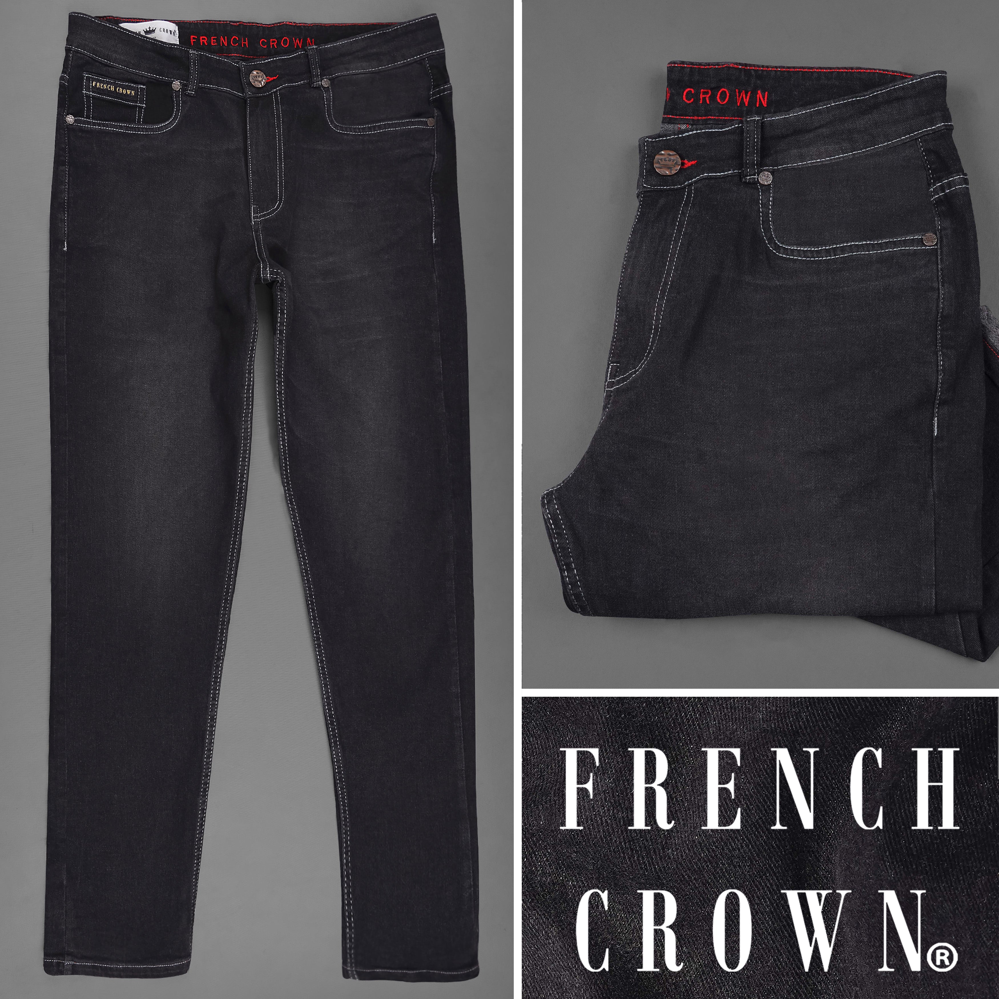 □SATUR□ Crease hemline wide denim pants black washed SA243