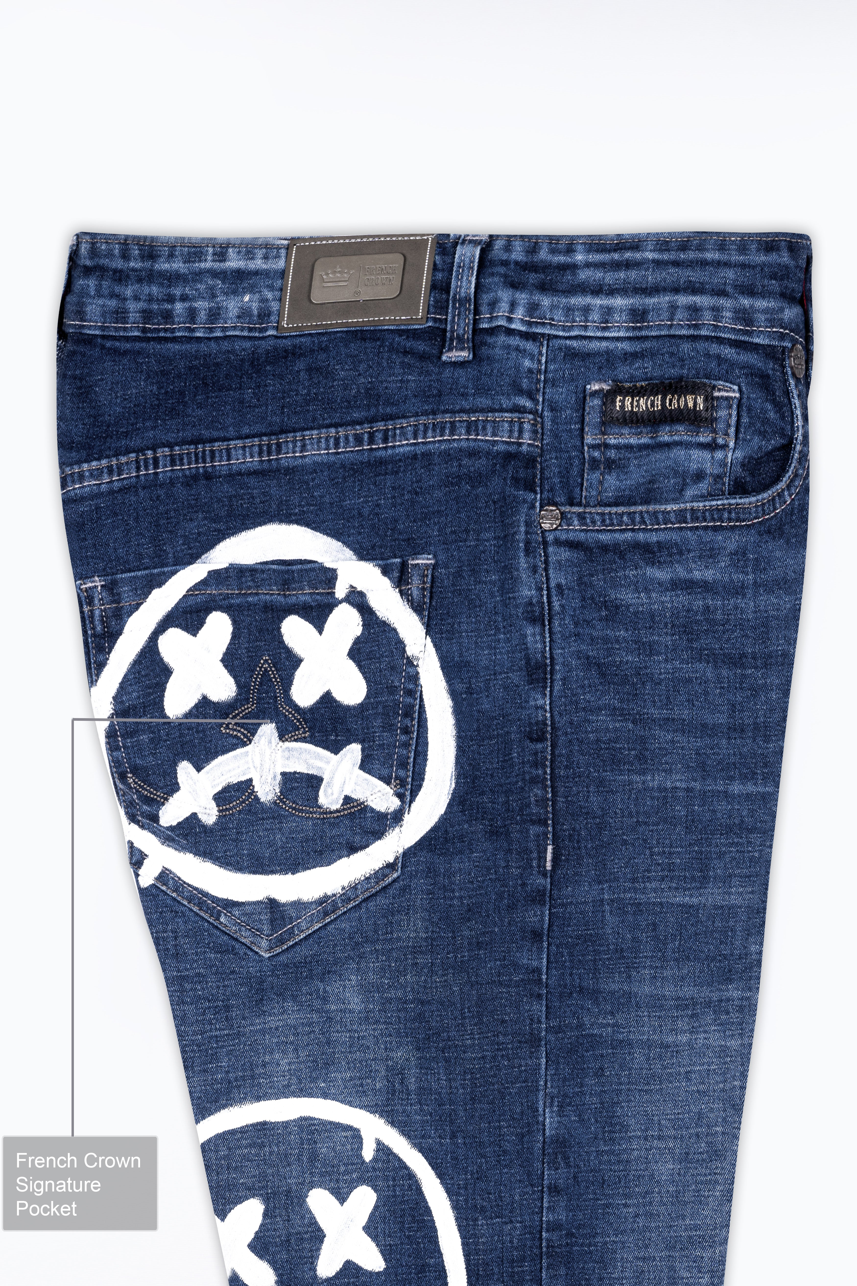 Zodiac Blue Whiskering Wash Emoji Hand Painted Stretchable Denim J166-ART-30, J166-ART-32, J166-ART-34, J166-ART-36, J166-ART-38, J166-ART-40