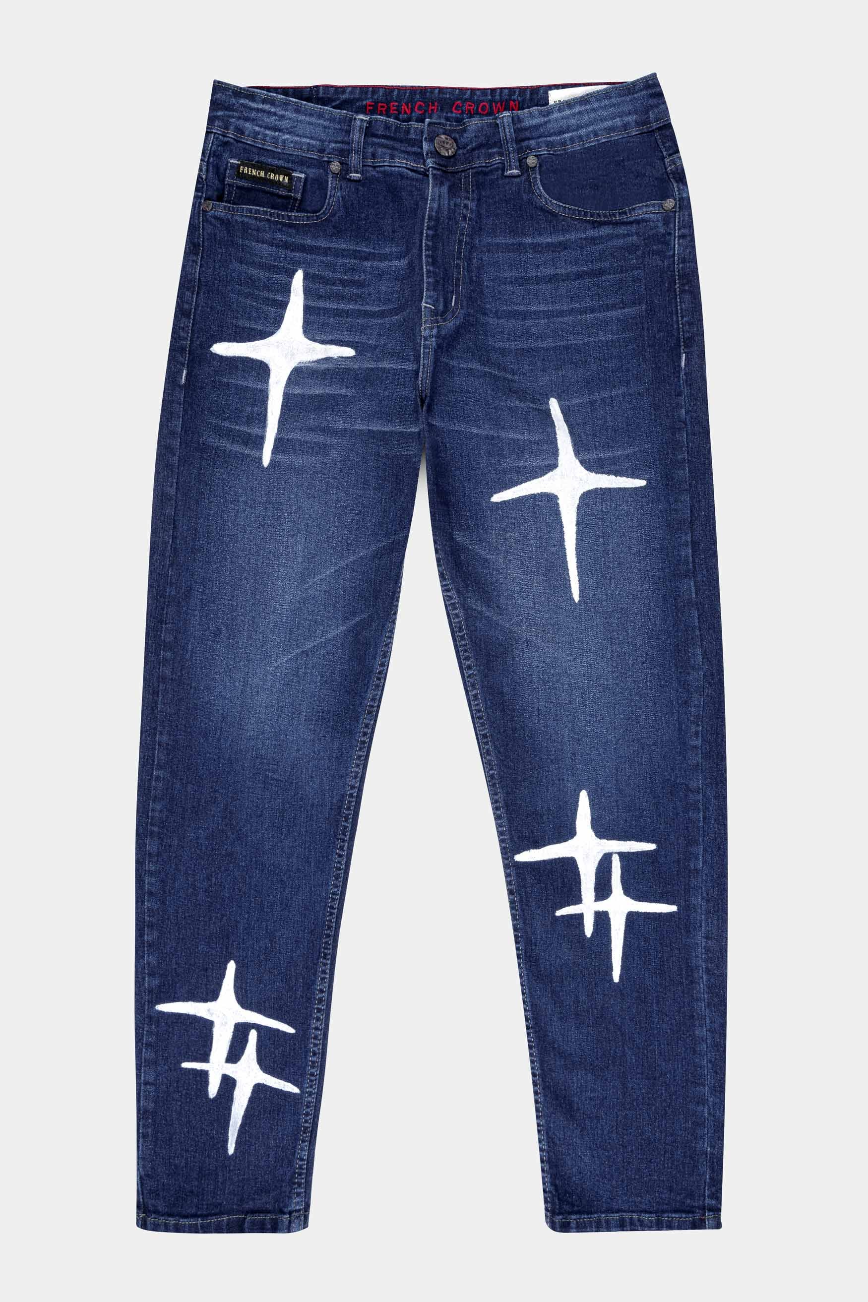 Firefly Blue Stars Hand Printed Stretchable Designer Denim