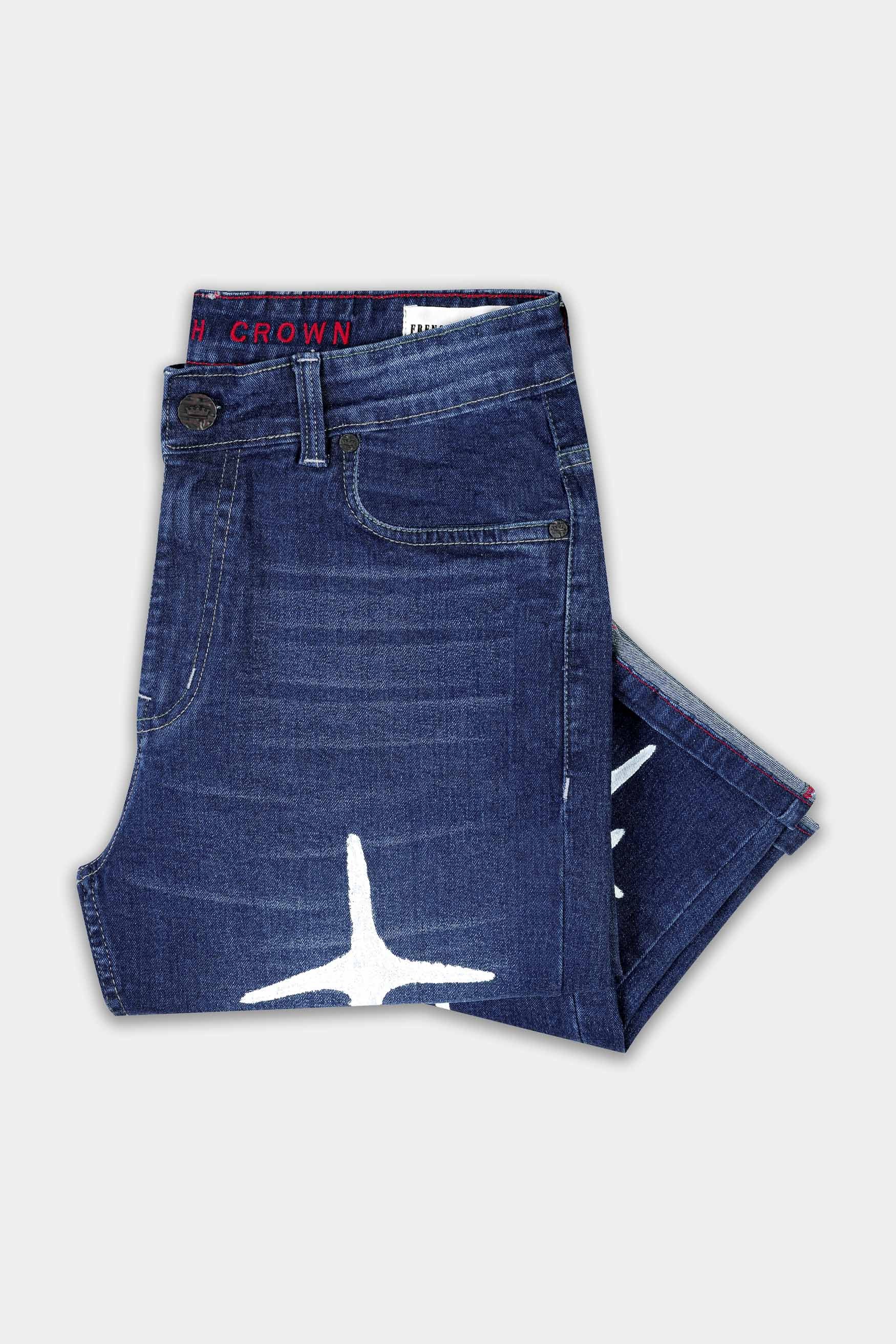 Firefly Blue Stars Hand Printed Stretchable Designer Denim