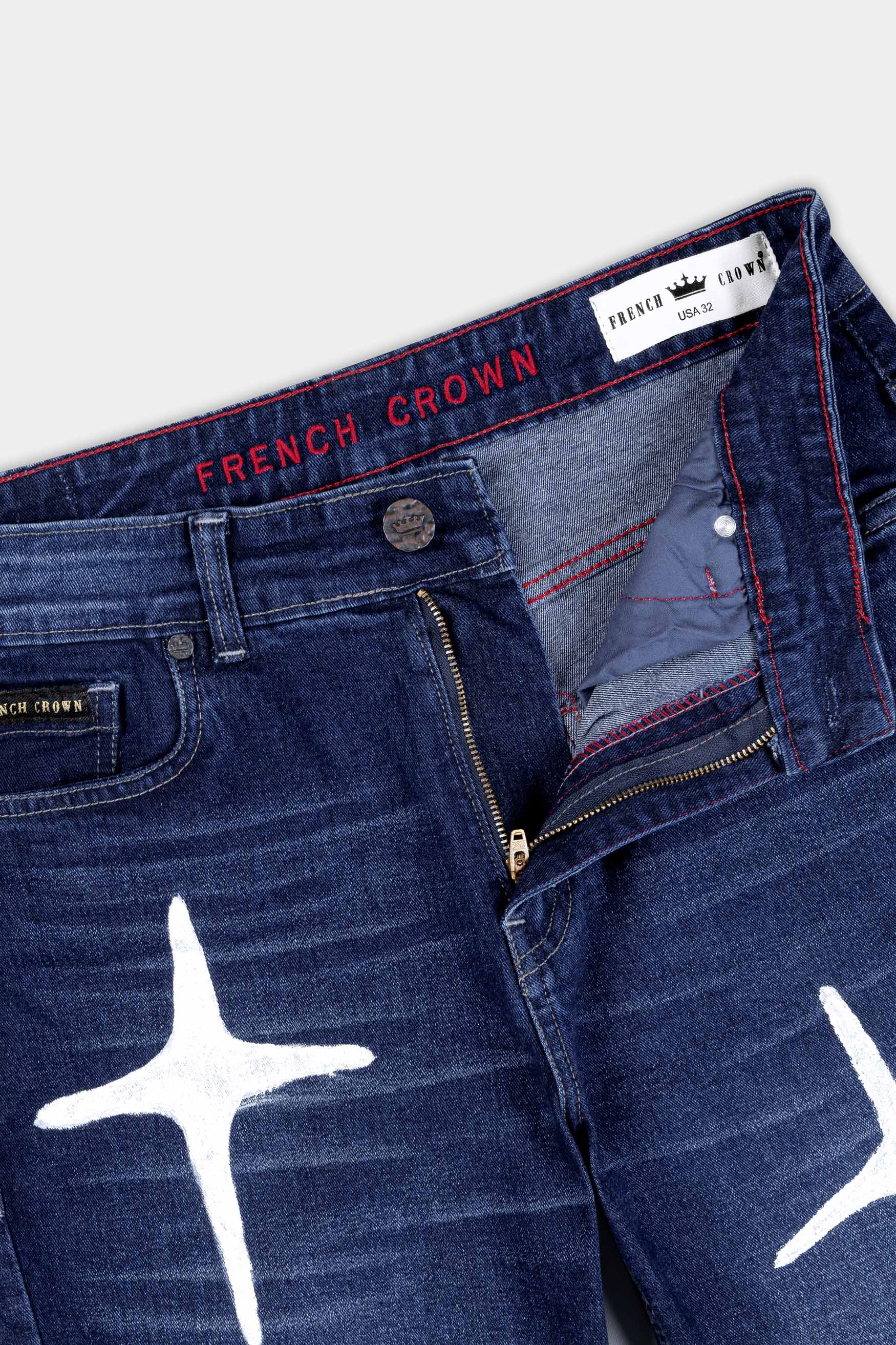 Firefly Blue Stars Hand Printed Stretchable Designer Denim