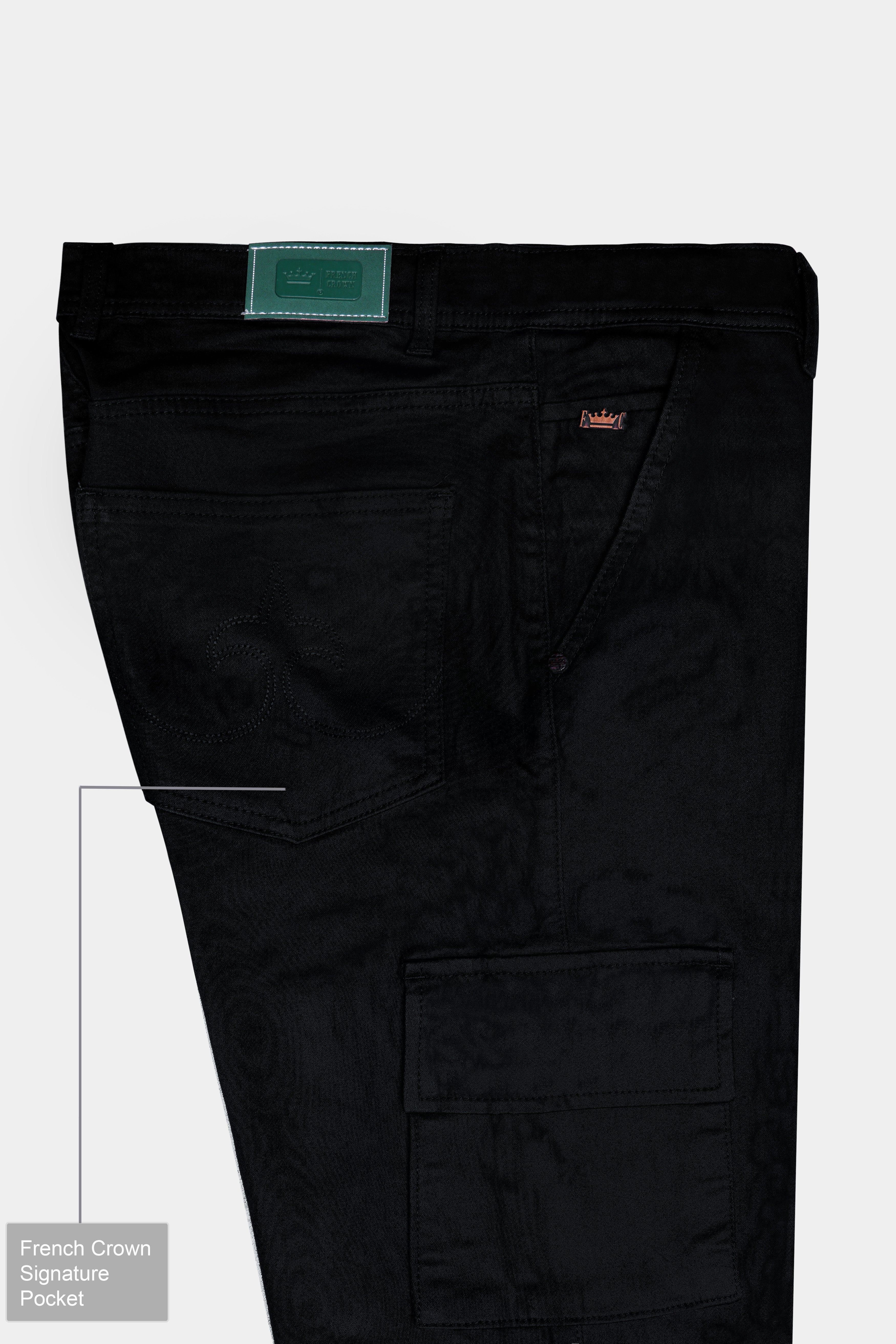 Noir-Midnight Black Clean Look Stretchable Cargo Denim
