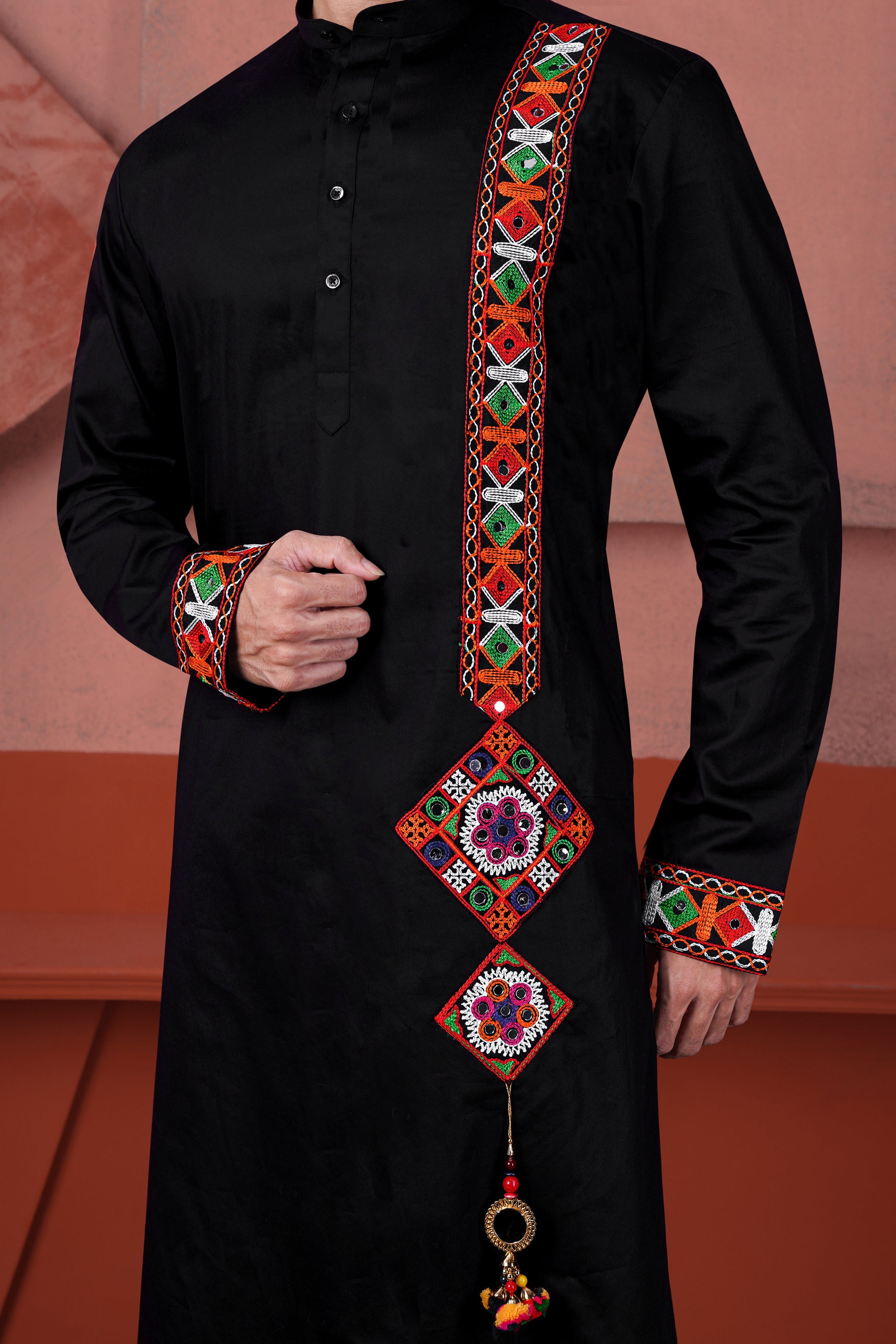 Jade Black Kutch Work Patches Subtle Sheen Super Soft Premium Cotton Designer Kurta
