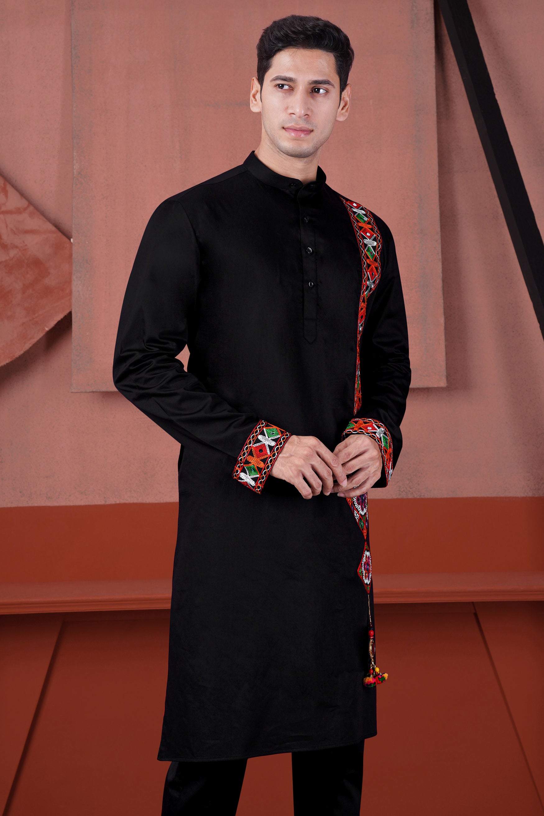 Jade Black Kutch Work Patches Subtle Sheen Super Soft Premium Cotton Designer Kurta