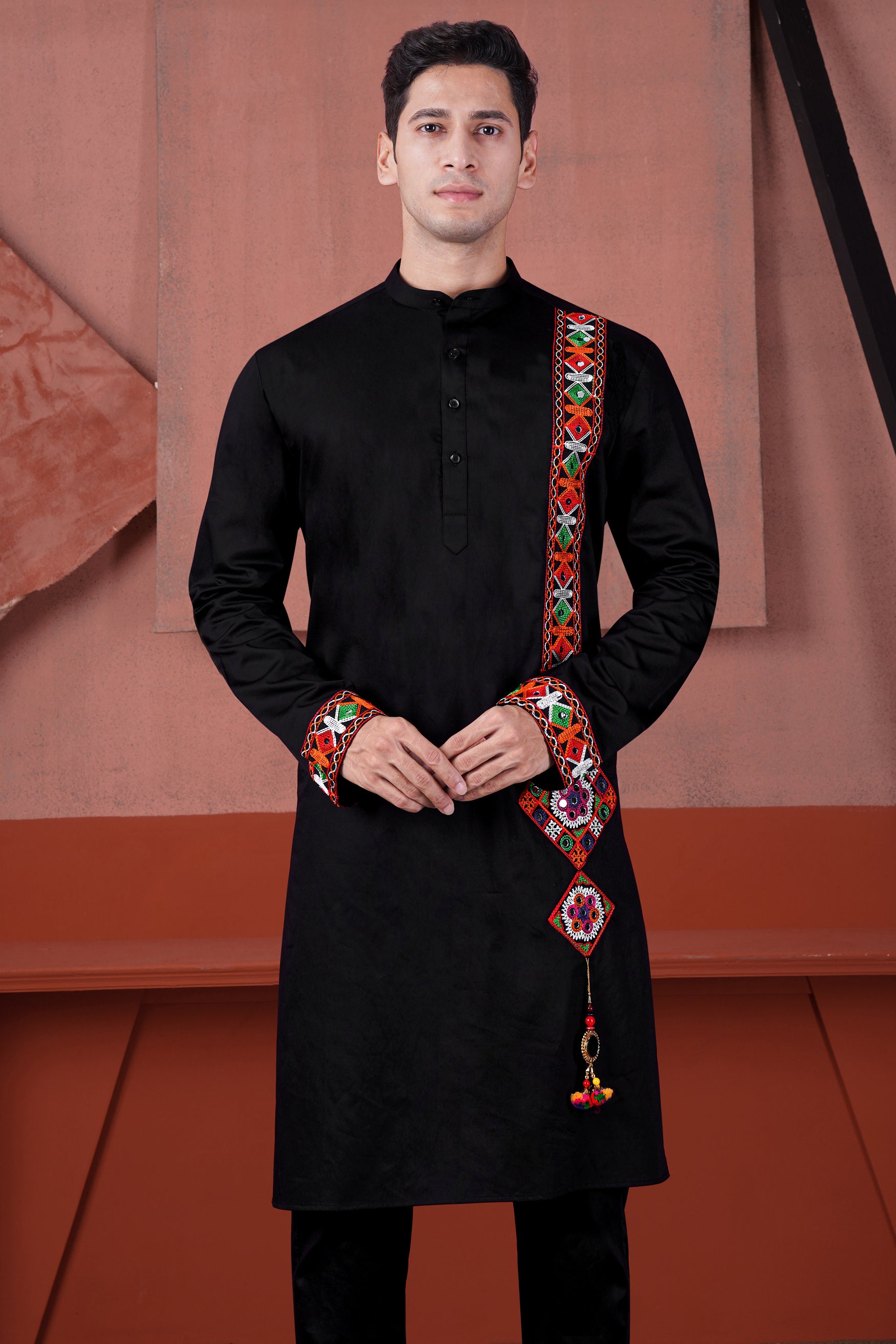Jade Black Kutch Work Patches Subtle Sheen Super Soft Premium Cotton Designer Kurta