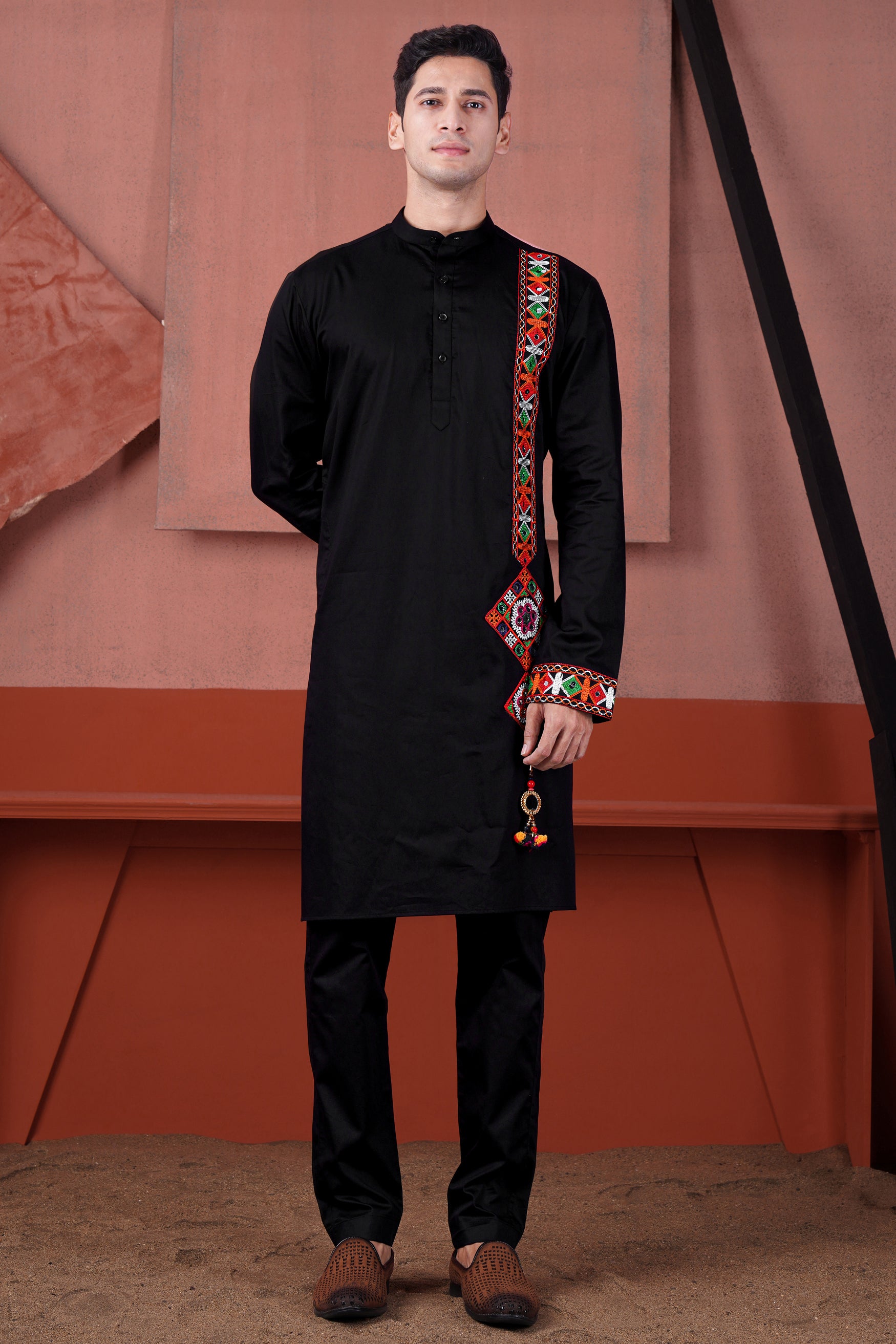 Jade Black Kutch Work Patches Subtle Sheen Super Soft Premium Cotton Designer Kurta