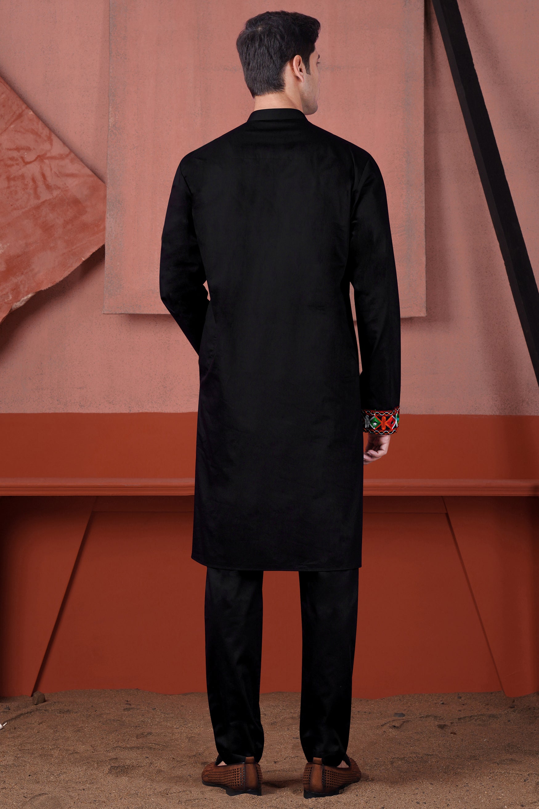 Jade Black Kutch Work Patches Subtle Sheen Super Soft Premium Cotton Designer Kurta