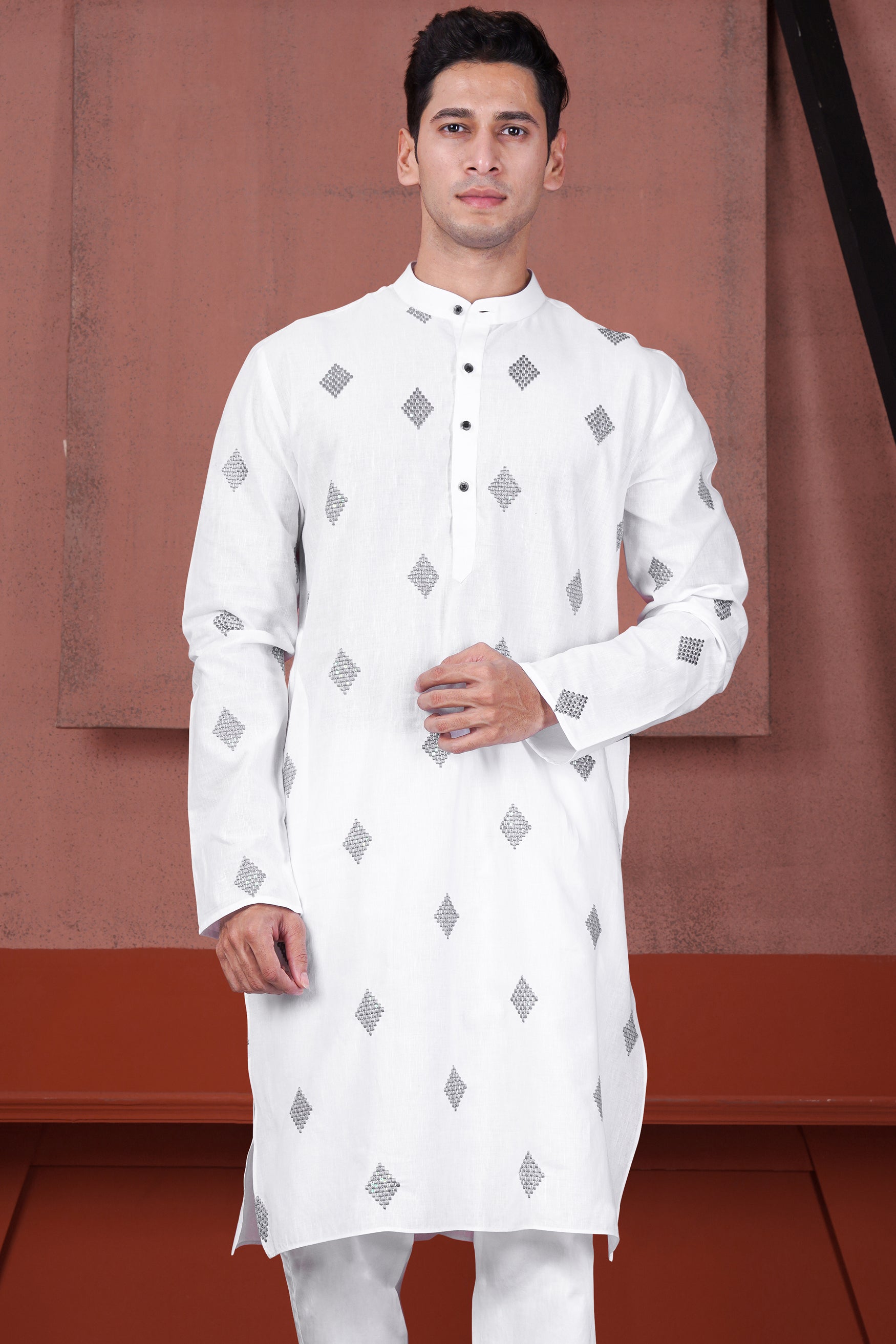 Bright White Geometric Embroidered Luxurious Linen Kurta