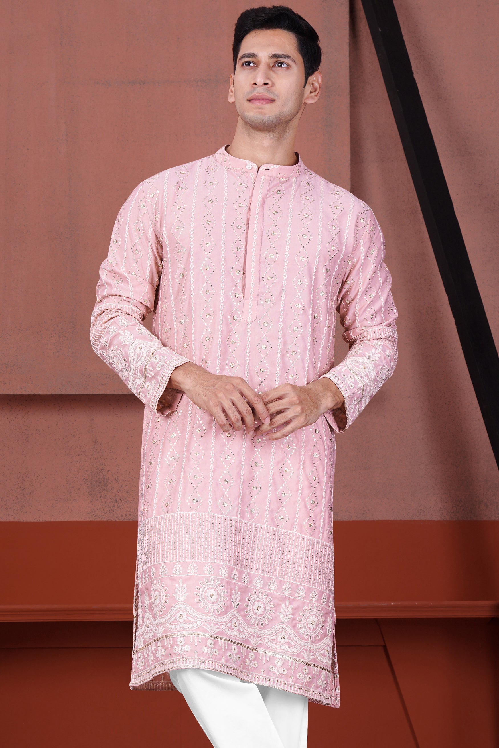 Oyster Pink Embroidered with Sequin Work Viscose Designer Kurta