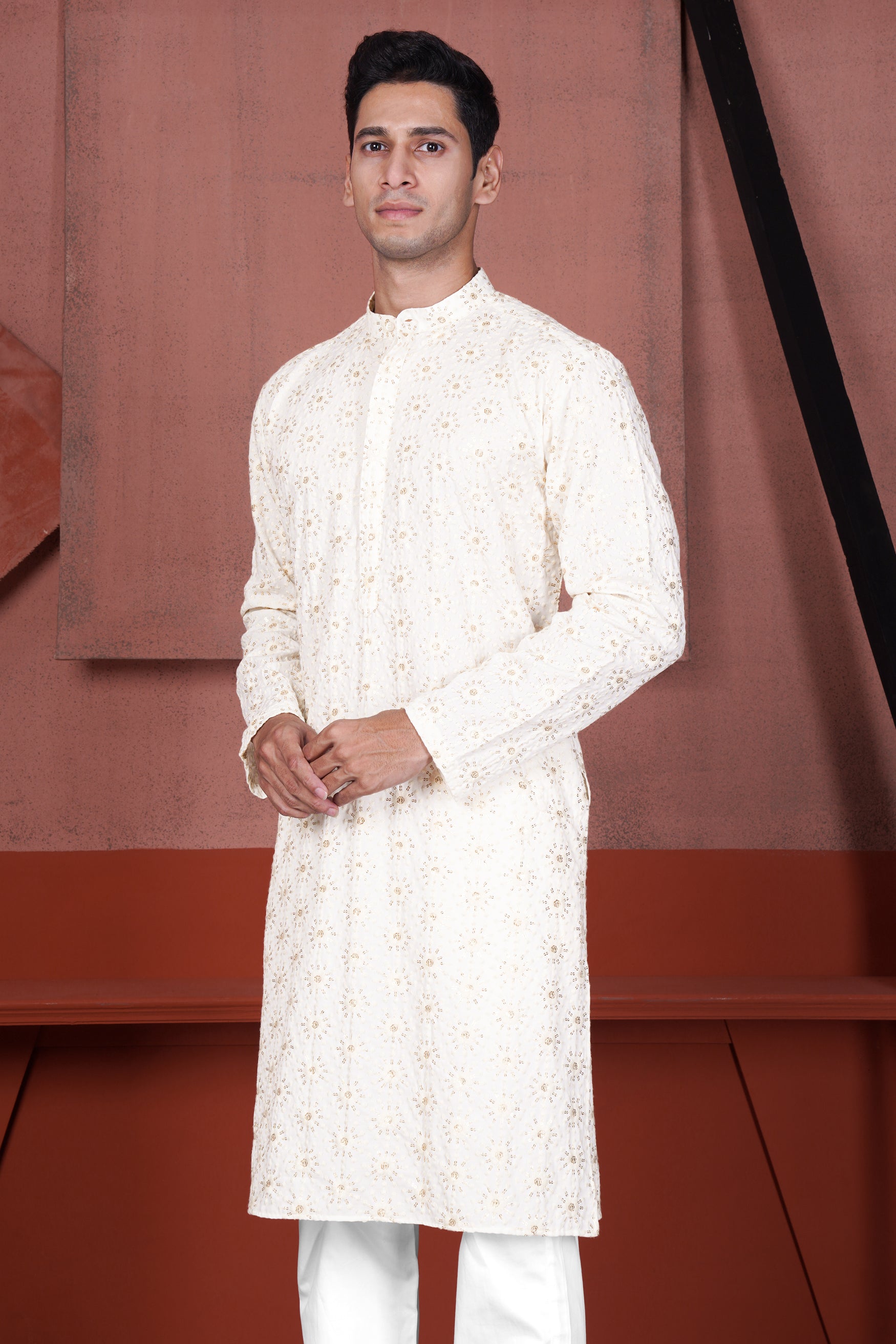Parchment Cream Embroidered Viscose Designer Kurta K146-38, K146-39, K146-40, K146-42, K146-44, K146-46, K146-48, K146-50, K146-52