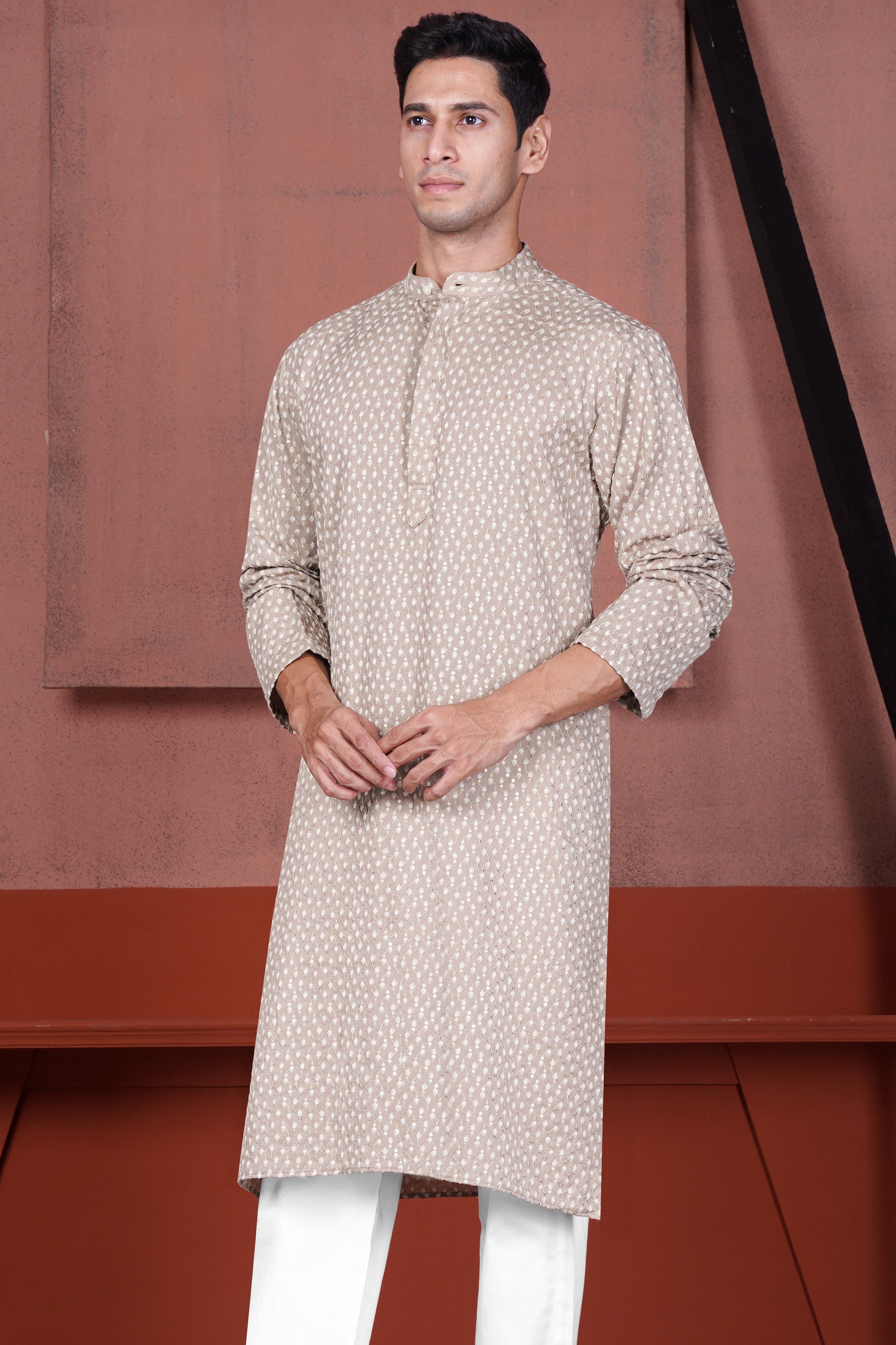 Clam Shell Brown Embroidered Viscose Designer Kurta