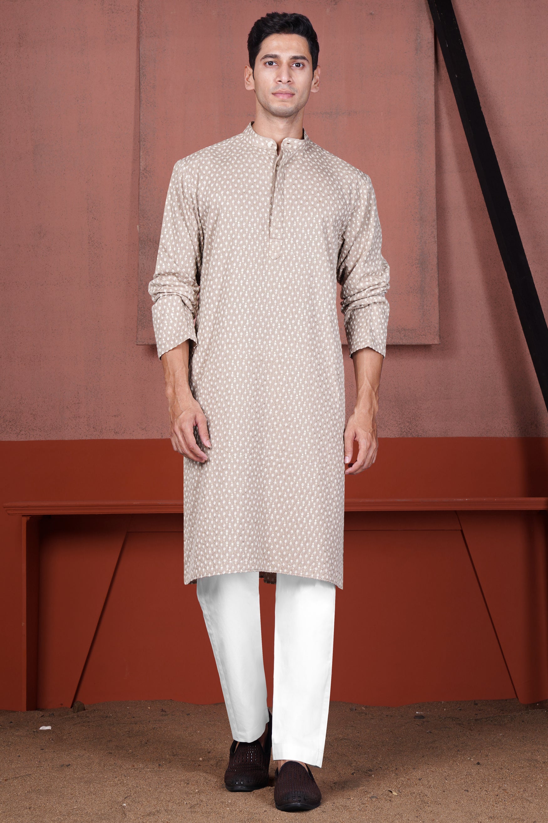 Clam Shell Brown Embroidered Viscose Designer Kurta