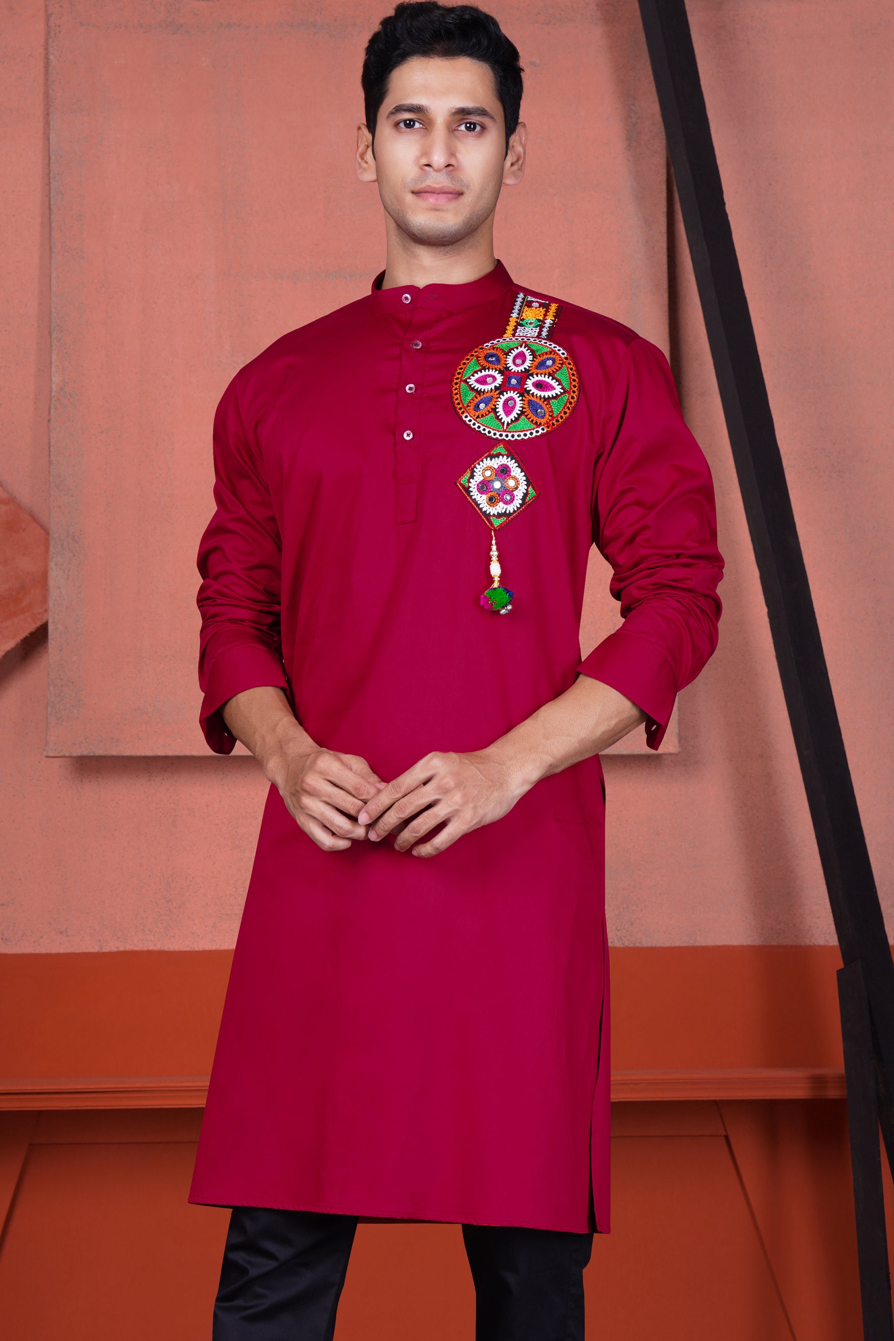 Vivid Auburn Red Multicolour Kutch Work Patches with Mirror Work Subtle Sheen Super Soft Premium Cotton Designer Kurta