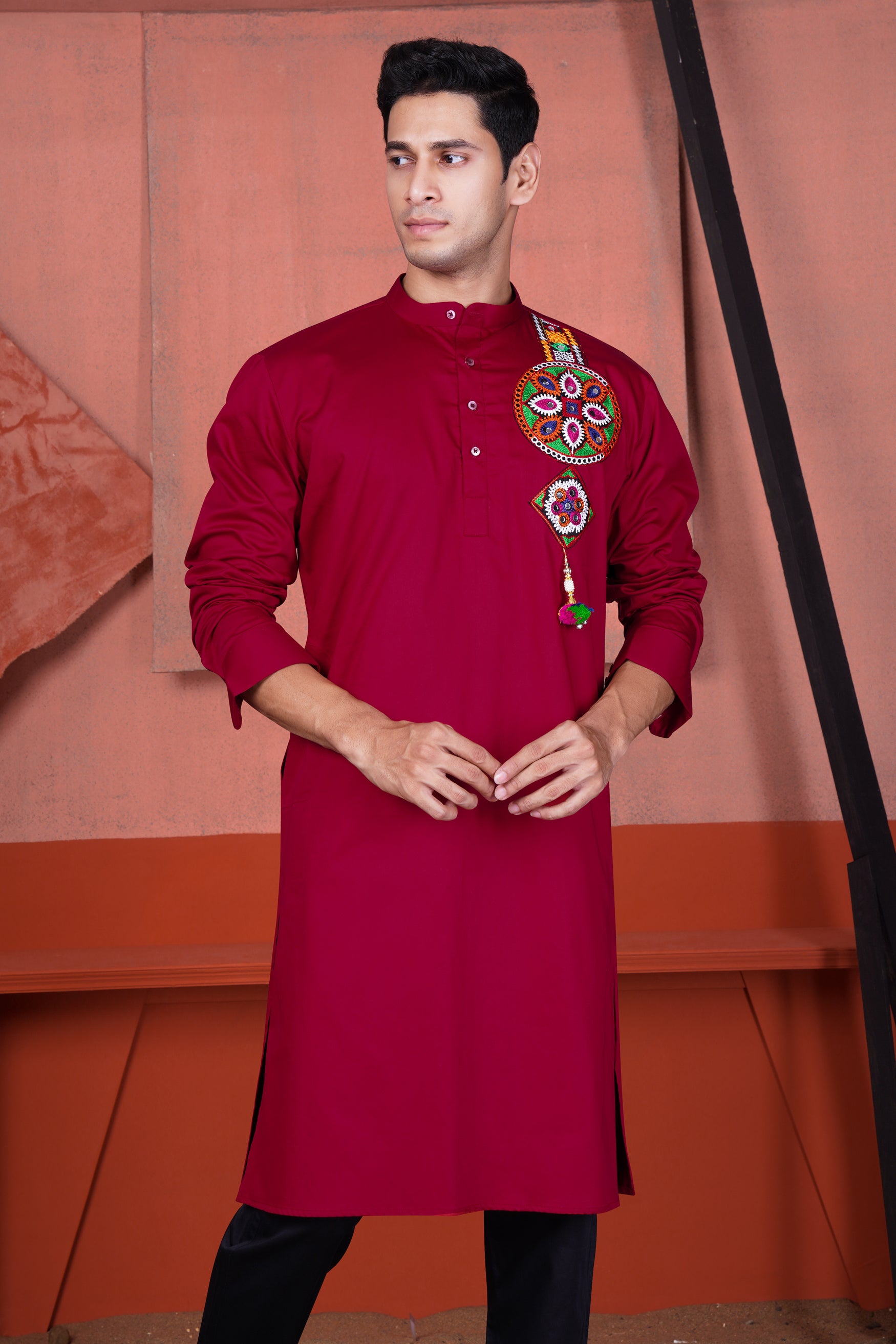 Vivid Auburn Red Multicolour Kutch Work Patches with Mirror Work Subtle Sheen Super Soft Premium Cotton Designer Kurta