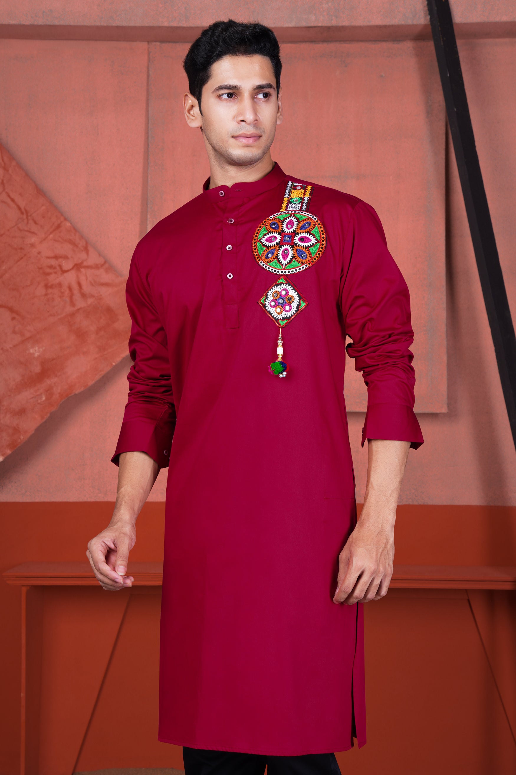 Vivid Auburn Red Multicolour Kutch Work Patches with Mirror Work Subtle Sheen Super Soft Premium Cotton Designer Kurta