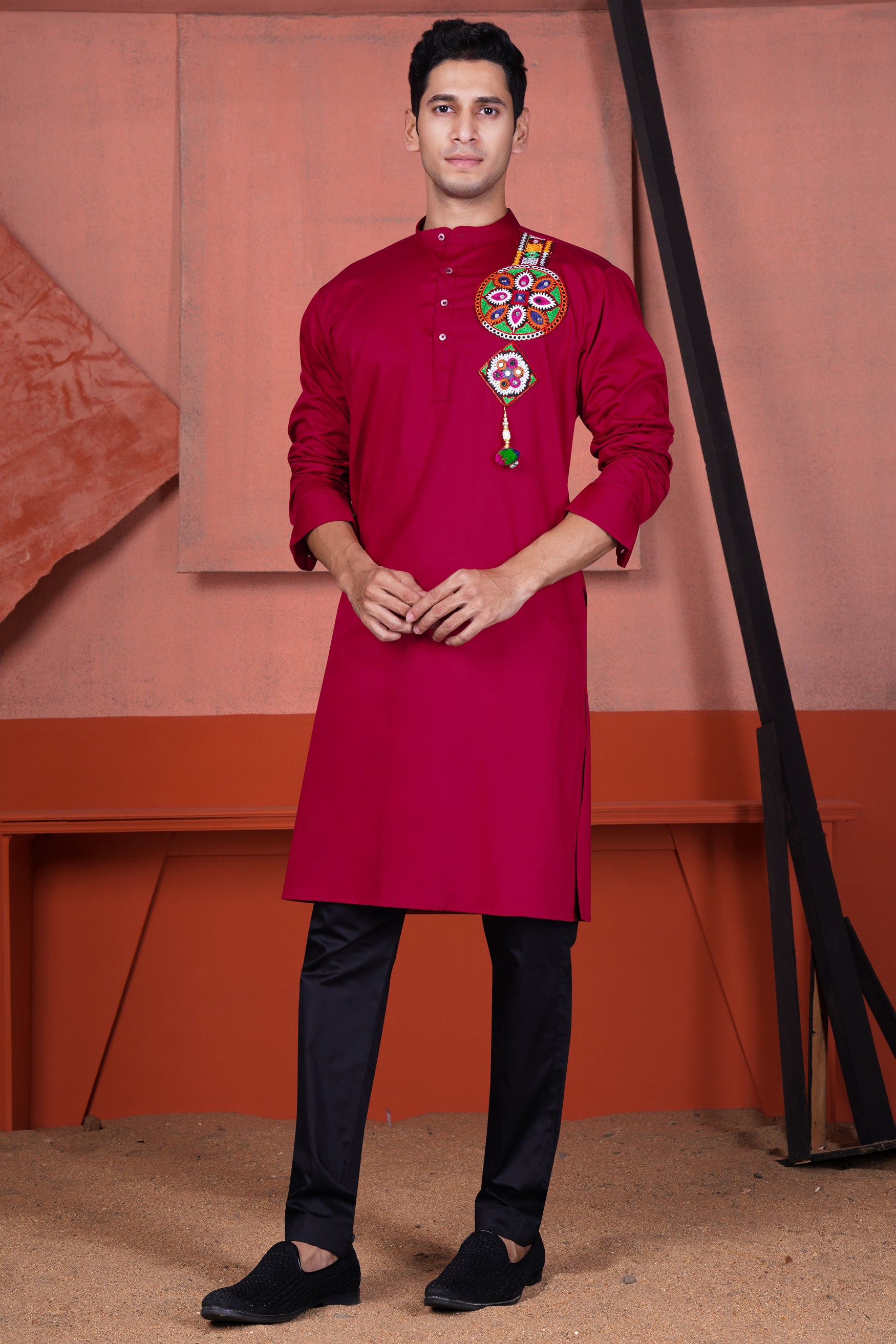 Vivid Auburn Red Multicolour Kutch Work Patches with Mirror Work Subtle Sheen Super Soft Premium Cotton Designer Kurta