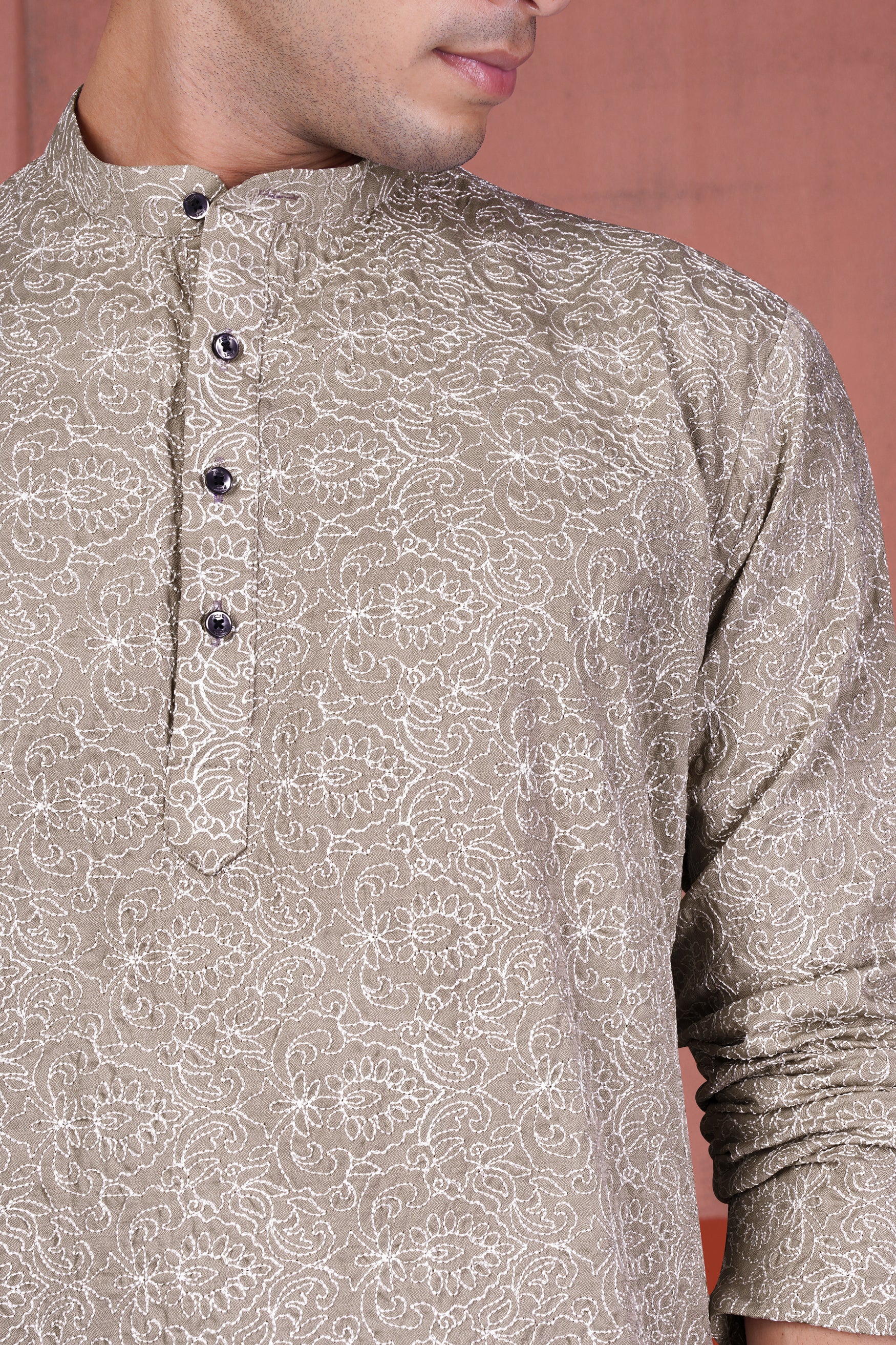 Dawn Brown Floral Cotton Thread Embroidered Viscose Designer Kurta