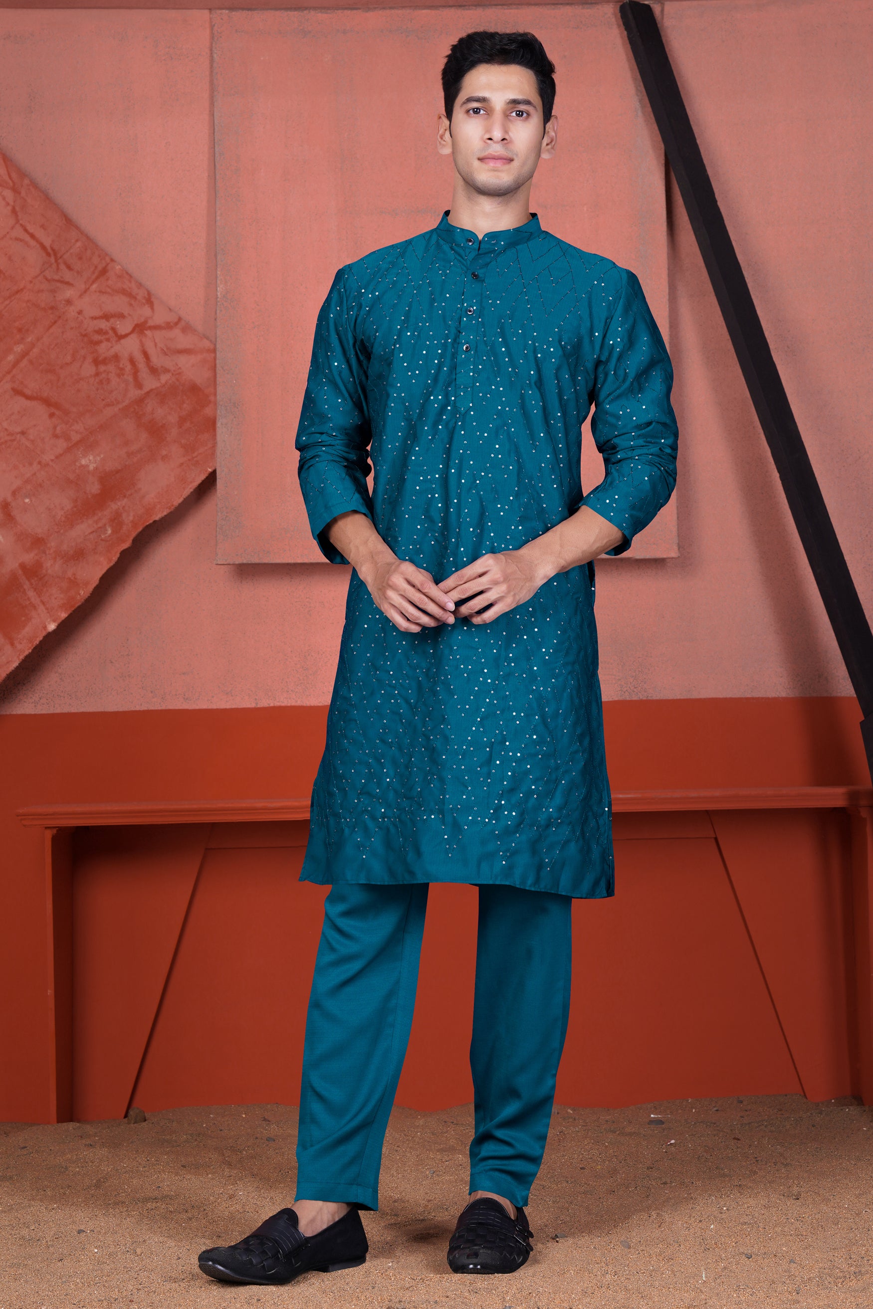Venice Blue Embroidered Viscose Designer Tikki Work Kurta
