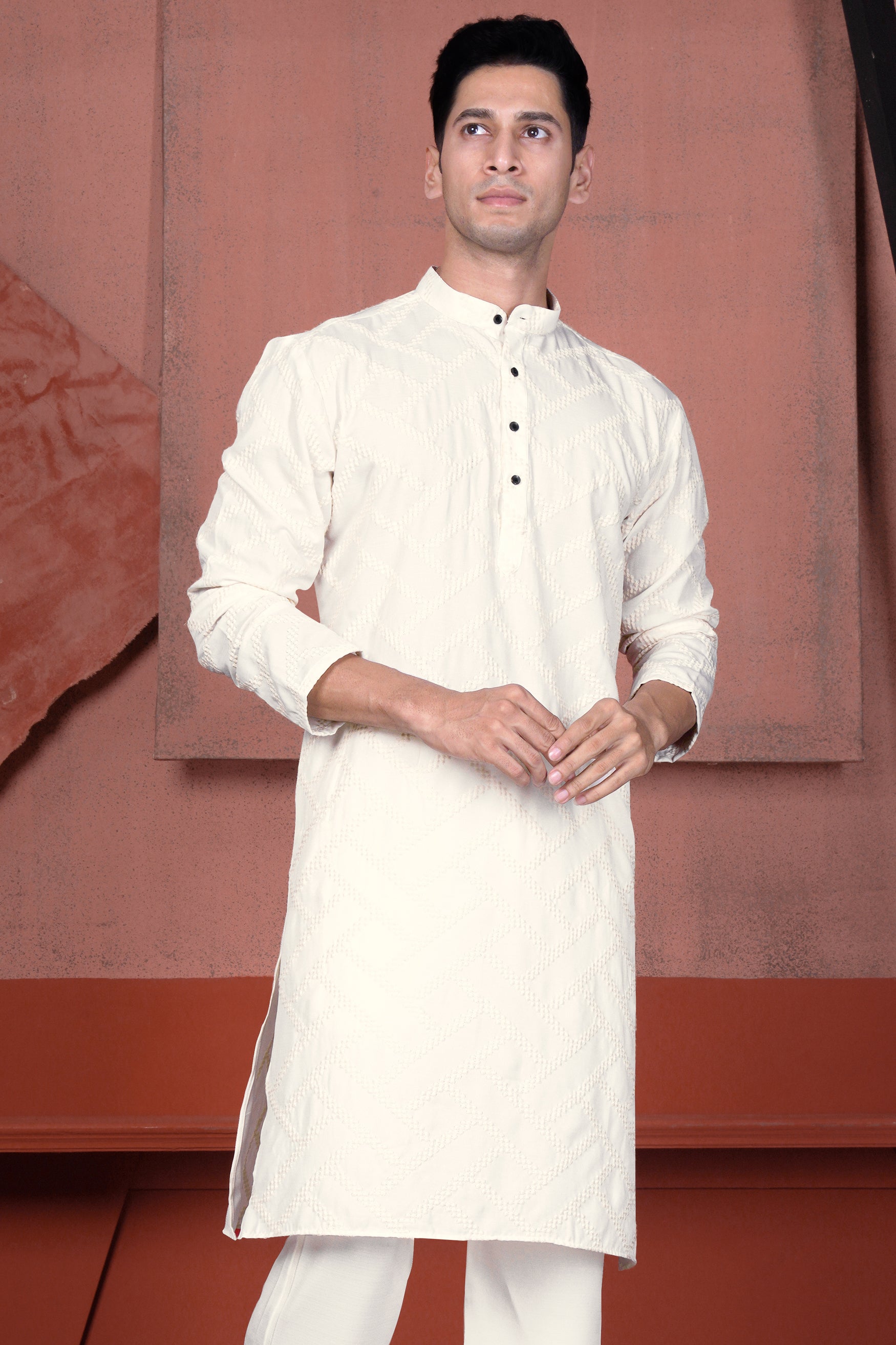 Albescent Cream Viscose Embroidered Designer Kurta K225-BLK-38, K225-BLK-39, K225-BLK-40, K225-BLK-42, K225-BLK-44, K225-BLK-46, K225-BLK-48, K225-BLK-50, K225-BLK-52